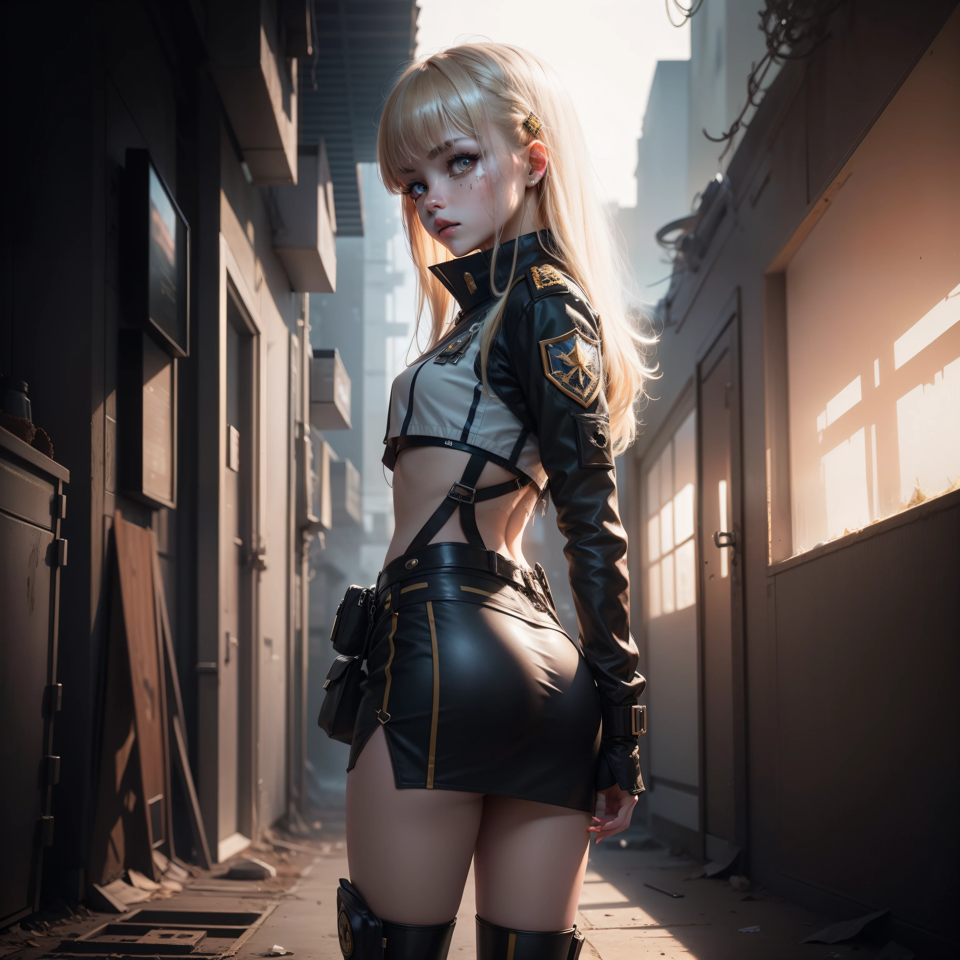 ukrainian girl , Ukrainian anime girls , , Ukraine ,  Full body composition of young girl with messy bright blonde hair, Looks Back,eye make up, 13 year old,  Soft lighting, Solo, Old torn dirty shabby futuristic military uniform, badges, Pose, Blotch color, Octane Render, Hyperrealistic intricate detail, Cinematic, 8K resolution, 70mm, Accent Lighting, Global Illumination, Full body portrait, clean detailed faces, intricate clothing, Cute face, flat chest, Slim waist, Slim legs, small hips,Show white underwear,