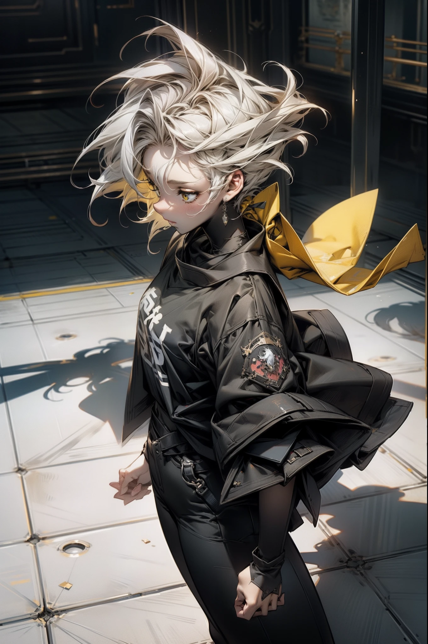 {{{{ masterpiece }}}},{{{{ 4K }}}},{{{{ badass anime 8 k }}}}, {{{{{{{{ short hair }}}}}}}}, {{{{{{{{ yellow white half hair }}}}}}}}, (extremely detailed CG, ultra-detailed, best shadow), (scenery: 1.2), Black Oversized TShirt