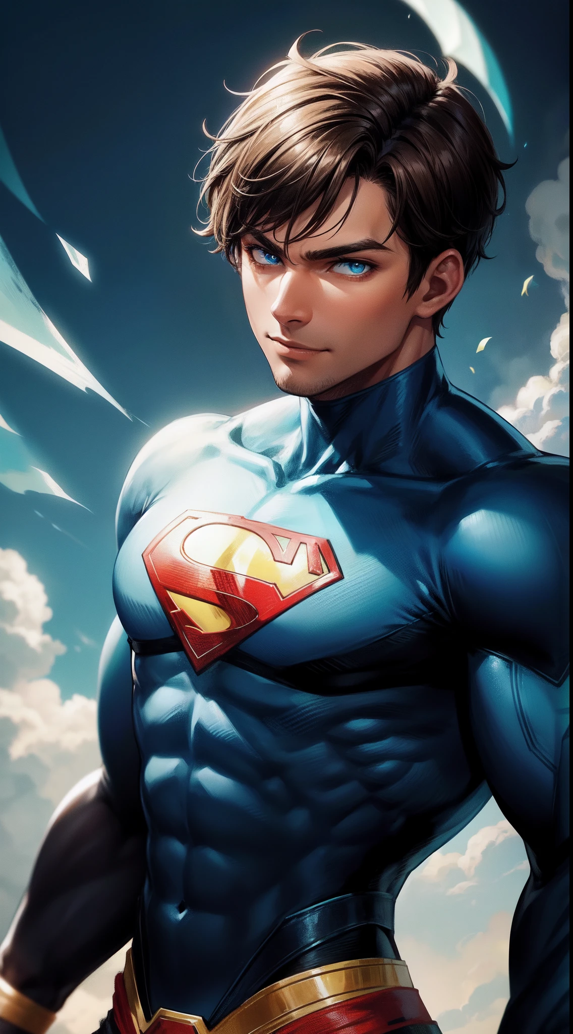 Young guy, short brown hair, Cyan eyes, brawn, Black Superman Costume, ssmile, Masterpiece, hiquality