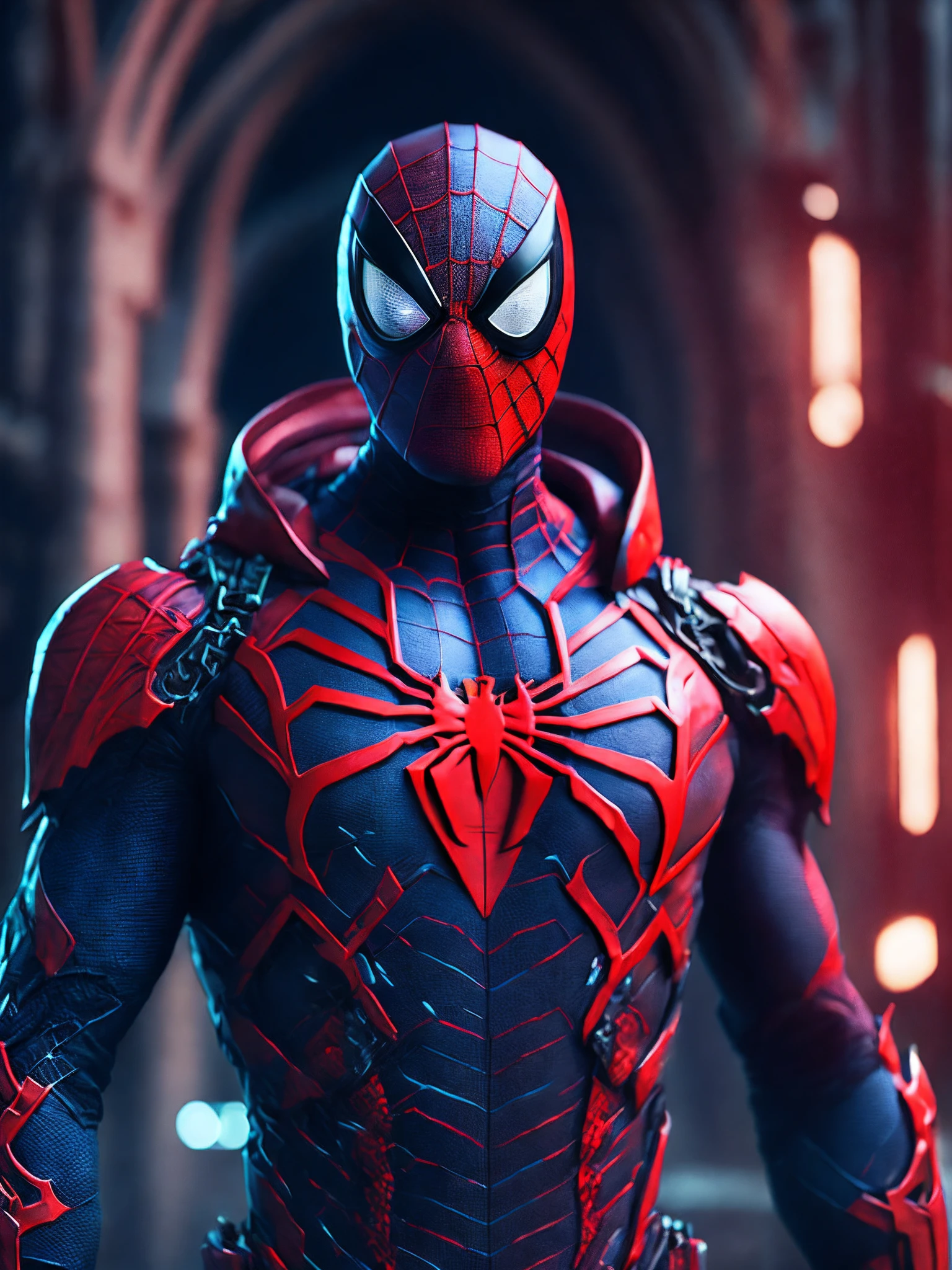 (((fully red))) symbiote suit, venom, small boy, ((pointy ears)), ((goblin head)), tail, standing on a roof of the scyscraper, sunlight, sunny day, intricate, high detail, sharp focus, dramatic, photorealistic painting art by greg rutkowski