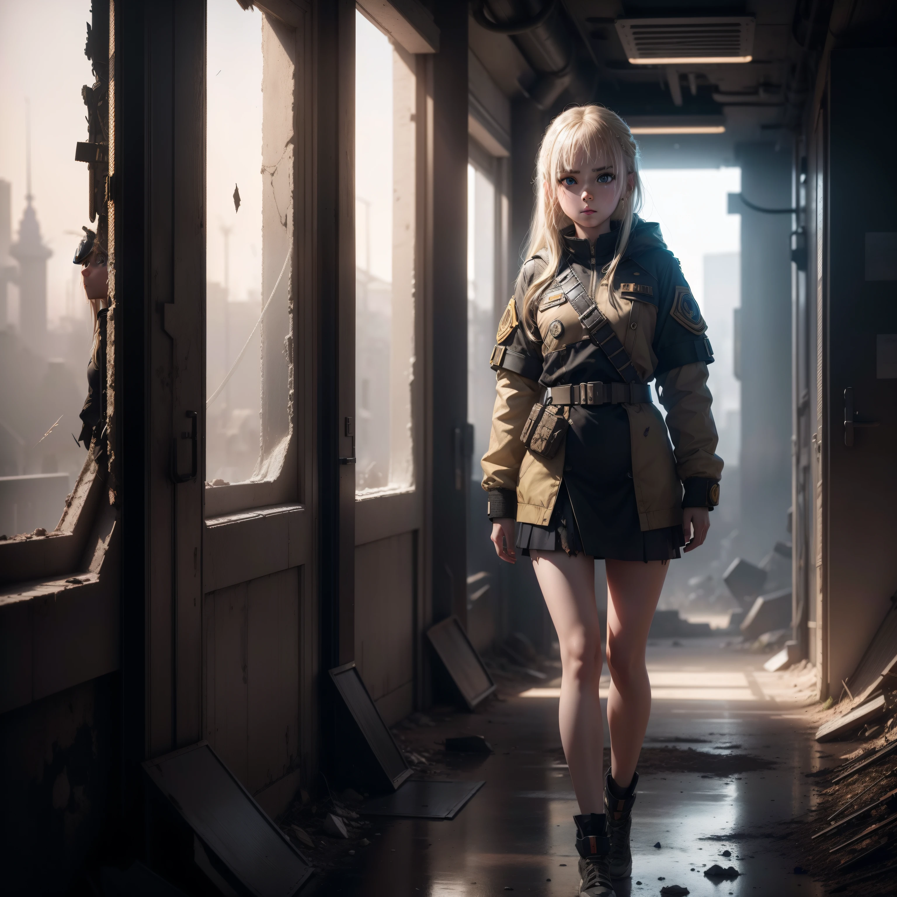 ukrainian girl , Ukrainian anime girls , , Ukraine ,  Full body composition of young girl with messy bright blonde hair, Looks Back,eye make up, ,  Soft lighting, Solo, Old torn dirty shabby futuristic military uniform, badges, Pose, Blotch color, Octane Render, Hyperrealistic intricate detail, Cinematic, 8K resolution, 70mm, Accent Lighting, Global Illumination, Full body portrait, clean detailed faces, intricate clothing, Cute face, flat chest, Slim waist, Slim legs, small hips,Show white underwear,