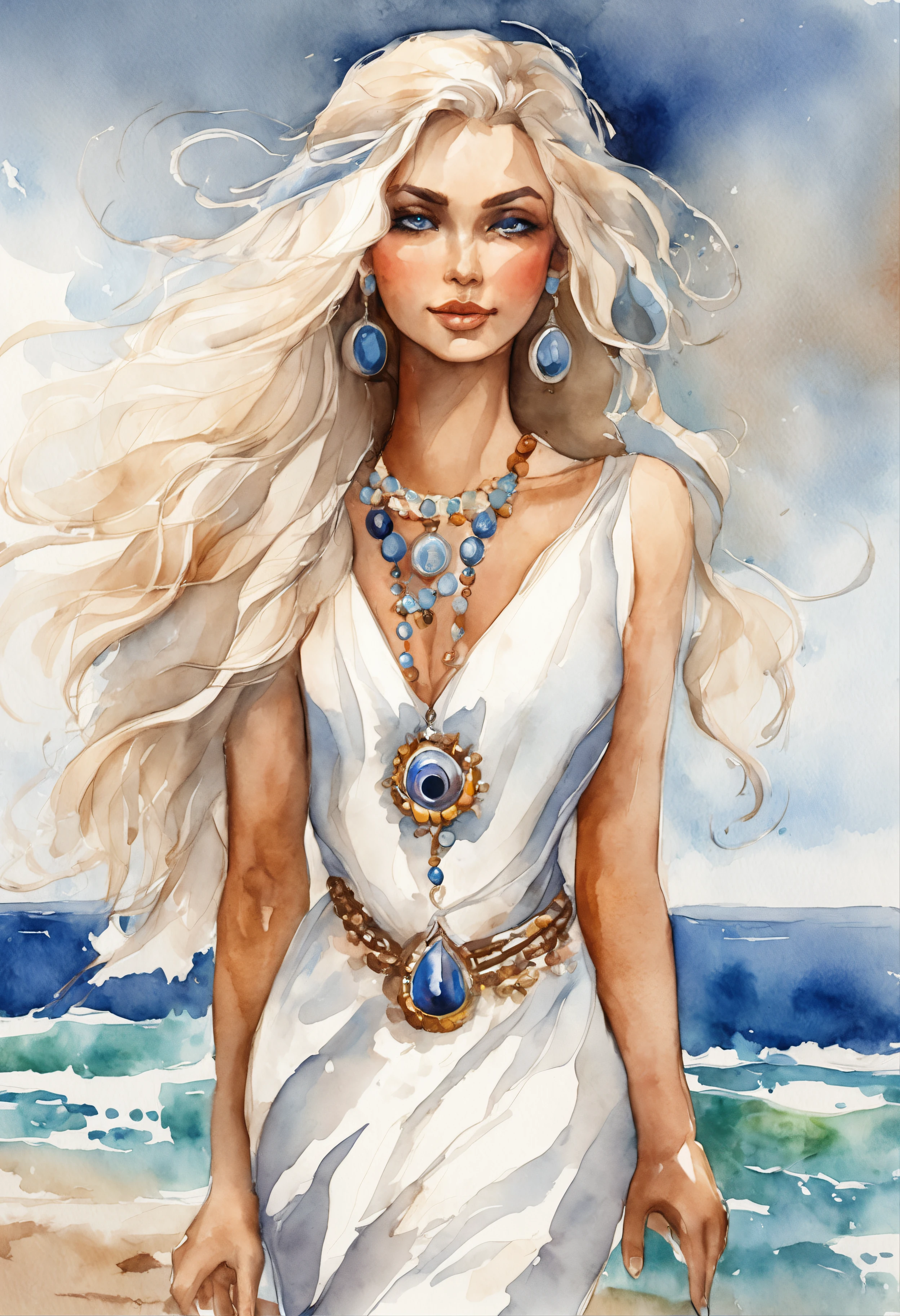 a very beautiful girl wearing a short dress with white flowing hair wearing evil eye jewelry at the beach