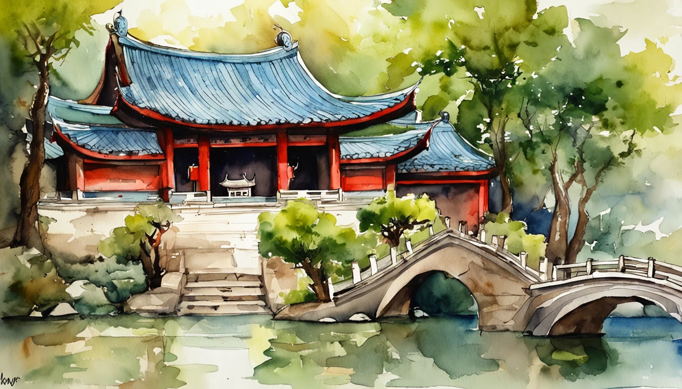 In a quaint Han Dynasty style temple,There are numerous buildings,The courtyard is covered with moss,There are many ancient trees outside the temple,allen leaves on the steps,There was a light rain in the sky,no sun
