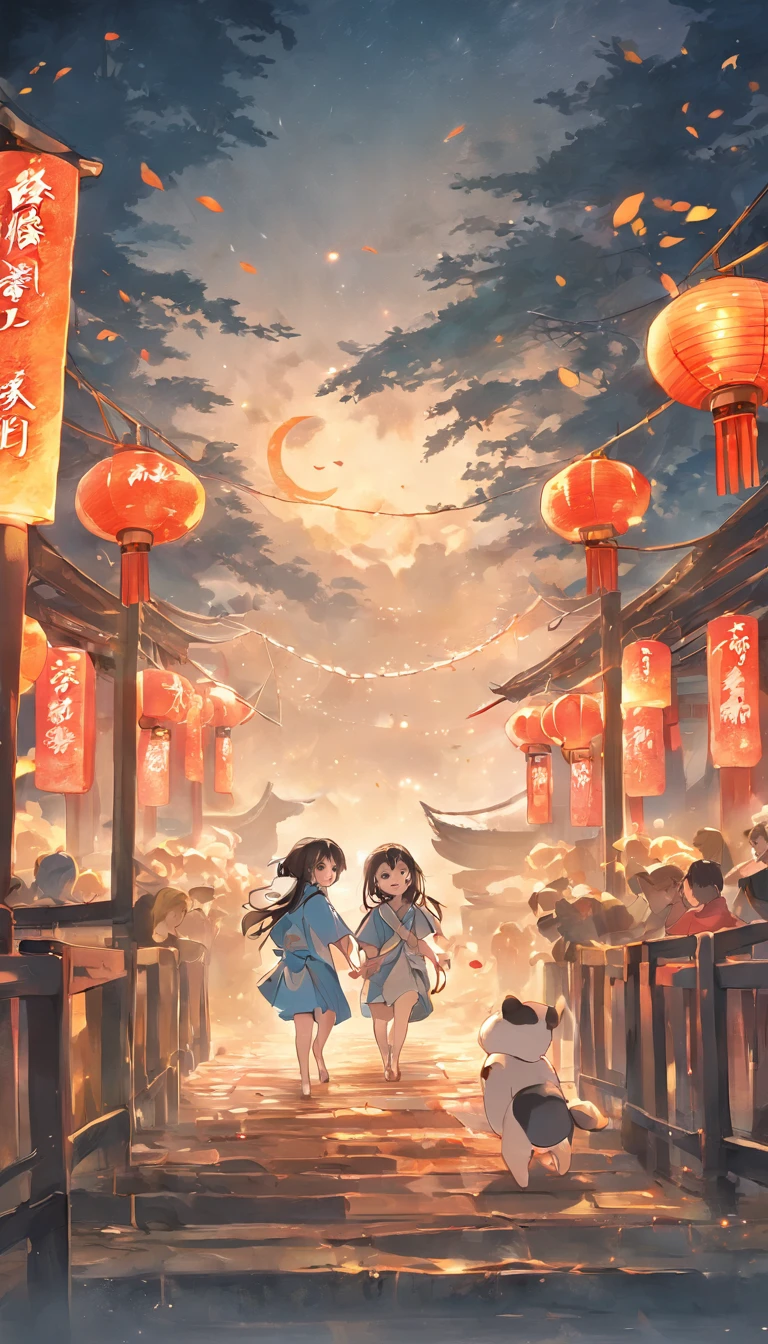 Mid-Autumn Festival、full moon、Two pandas stand and run towards the camera,themoon,As estrelas,Mooncake stalls、The lights will be lit、fire works、tradit、celebrating、enviroment、Plaza、Bamboo lanterns、the night、celebrating、Artistically、device、decor、resource,high definition resolution
