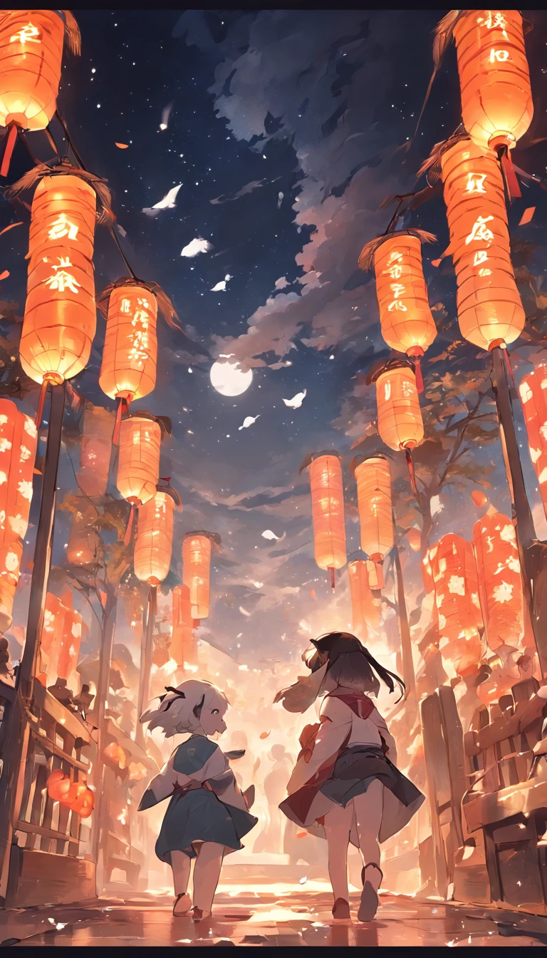 Mid-Autumn Festival、full moon、Two pandas stand and run towards the camera，themoon，As estrelas，Mooncake stalls、The lights will be lit、fire works、tradit、celebrating、enviroment、Plaza、Bamboo lanterns、the night、celebrating、Artistically、device、decor、resource，high definition resolution