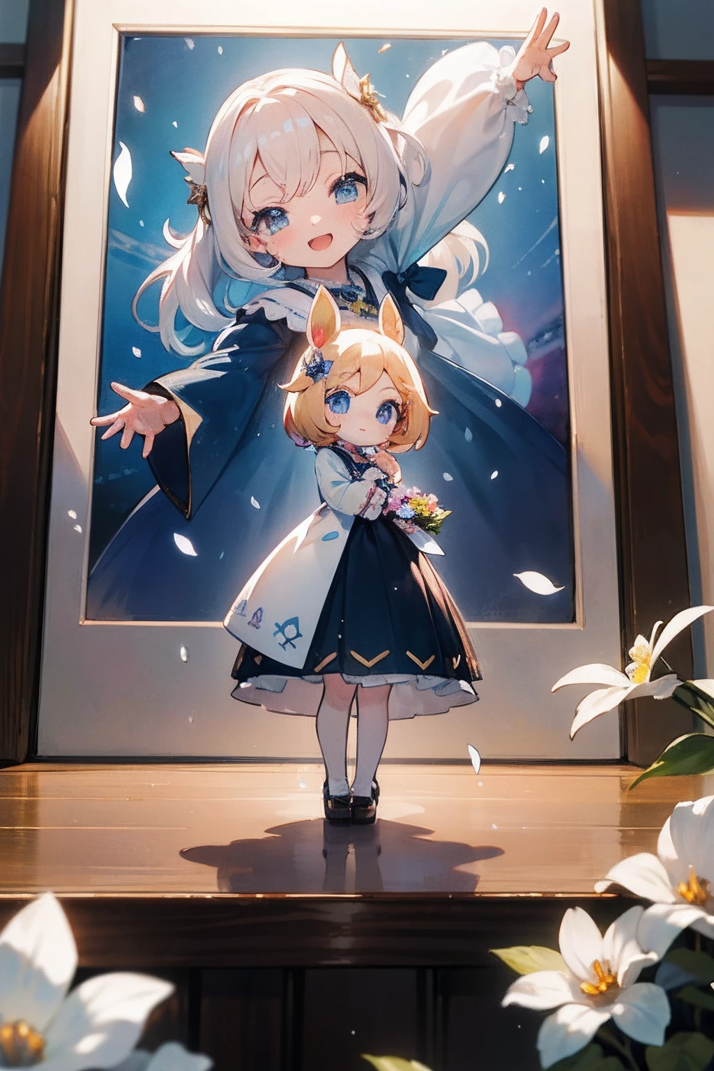 photoRealstic、Doll standing in front of the painting、swim wears、laugh face、Water droplets on the cheeks、Take an outstretched pose、Sengai、pixiv、rokoko、dollfie dream、watercolor Nendoroid、(High Definition Figure)、Flowing iridescent silk、nendroid、up of face、There are also flowers in front of the nendroids、Morning glory petals、season!!: 夏☀ 🍂 朝顔