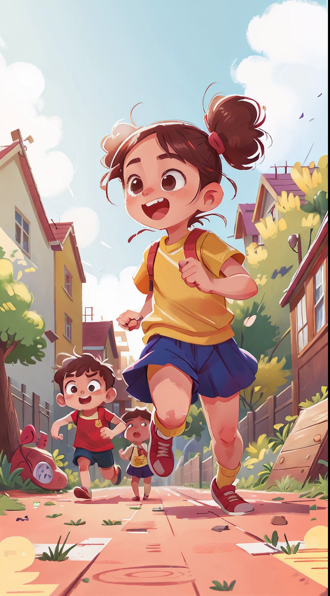 A running boy and a running little girl，School playground，cheerfulness，Rejoice，Perfect quality，Clear focus（Clutter - home：0.8）， （tmasterpiece：1.2） （realisticlying：1.2） （Bokeh） （best qualtiy） （detailedskin：1.3） （complexdetails） （8K） （detailedeyes） （Sharp focus）,（having fun）
