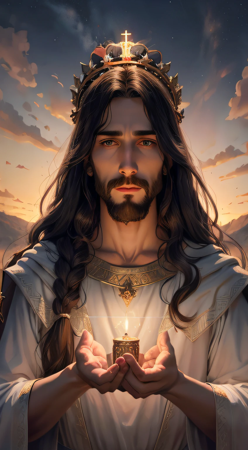 Image of a man with a crown on his head holding a candle, holy sword in his hands, Retrato de Jesus Cristo, Jesus Cristo, kramskoi 4 mil, Directed by: Roman Bezpalkiv, Directed by: Andrei Kolkoutine, Rob Rey, fanart detalhado, by Hristofor Žefarović, Alexey Egorov