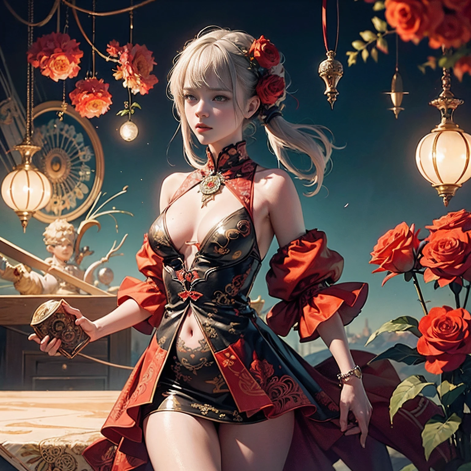 Unity 8k Wallpapers, ultra-detailliert, Beautiful and aesthetic, ​masterpiece, top-quality, (Zentangle, a Mandala, Tangles, Tangles), (Fractal Art:1.3) , 1girl in, Red flowers, ighly detailed, dynamic ungle, cowboy  shot, Most Beautiful Form of Chaos, elegent, Brutalist design, vivd colour, romanticism, James Jean, roby dwi antono, by Ross Tran, Francis Bacon, michal mraz, Adrian Ghenny, petra cortright, Gerhard Richter、Takato Yamamoto、Ashley Wood、Atmosphere