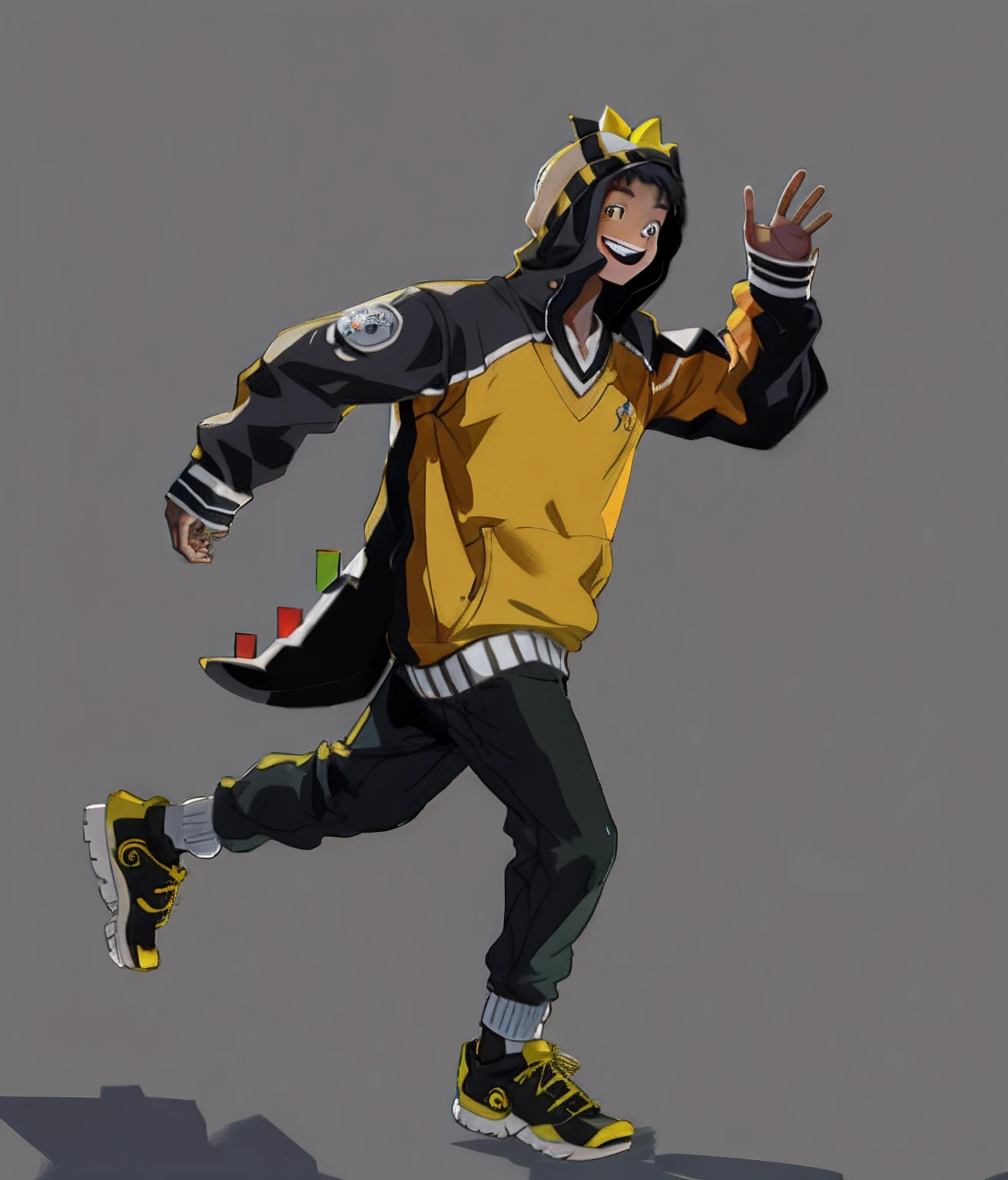 A boy walks，Happy expression，looking to the camera，gleeful，