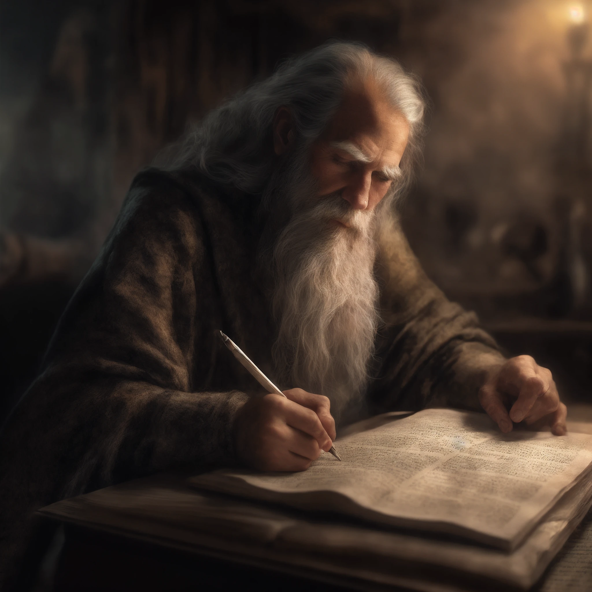 man with long white beard writing in a book, by Daniel Ljunggren, biblical illustration, by Edwin Georgi, by Artur Tarnowski, biblical painting, jeremiah, by Scott Gustafson, by Pablo Munoz Gomez, by Emile Lahner, biblical image, by Aleksander Gierymski