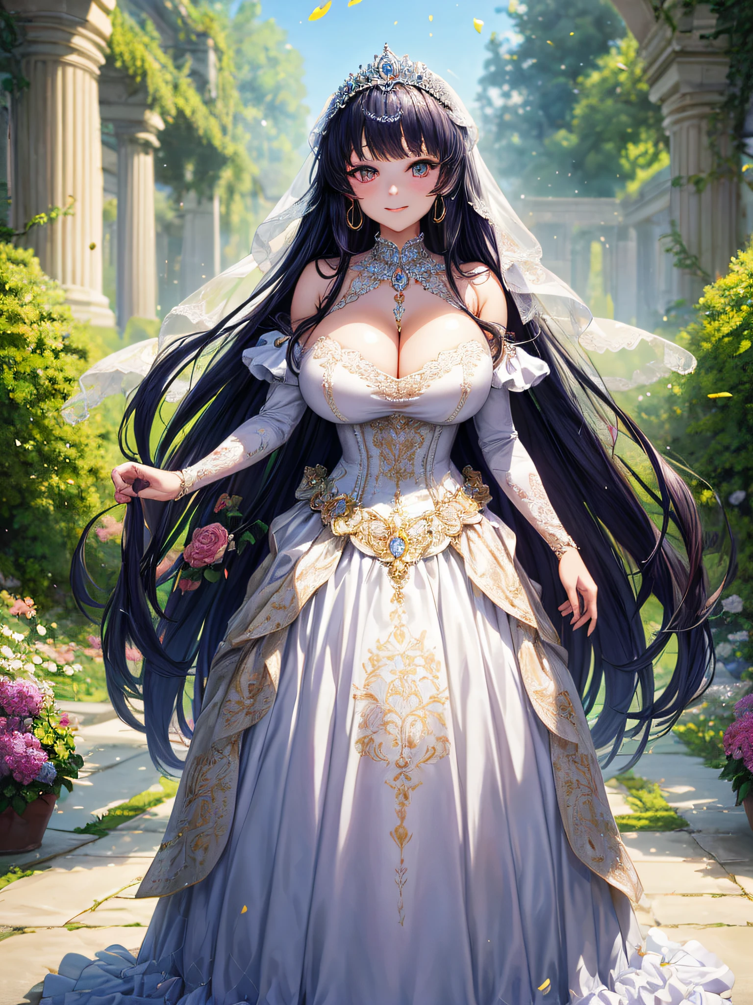 (masterpiece, best quality,extremely detailed,moe anime art style:1.2),1girl, (solo), cute, kawaii,digital art,((1 bling-bling anime princess wearing beautiful embroidery and jeweled gorgeous princess ballgown with voluminous full length hoop skirt)),((crinoline)),long train,voluminous frills,(gorgeous embroidery and beautiful lace),(very gigantic boobs,cleavage,skindentation),((shiny hair,absurdly voluminous straight hair,absurdly Long Hair)),(finely detailed face and eye),clear pupil,(bling-bling extremely gorgeousfull jeweled tiara),((bling-bling gorgeous gemstone jewelry)),long veil,((standing in beautiful garden)),flowers,flower petals flowing,standing pose,(dynamic angle),((beautiful embroidery and jeweled gorgeous princess ballgown with voluminous full length hoop skirt))