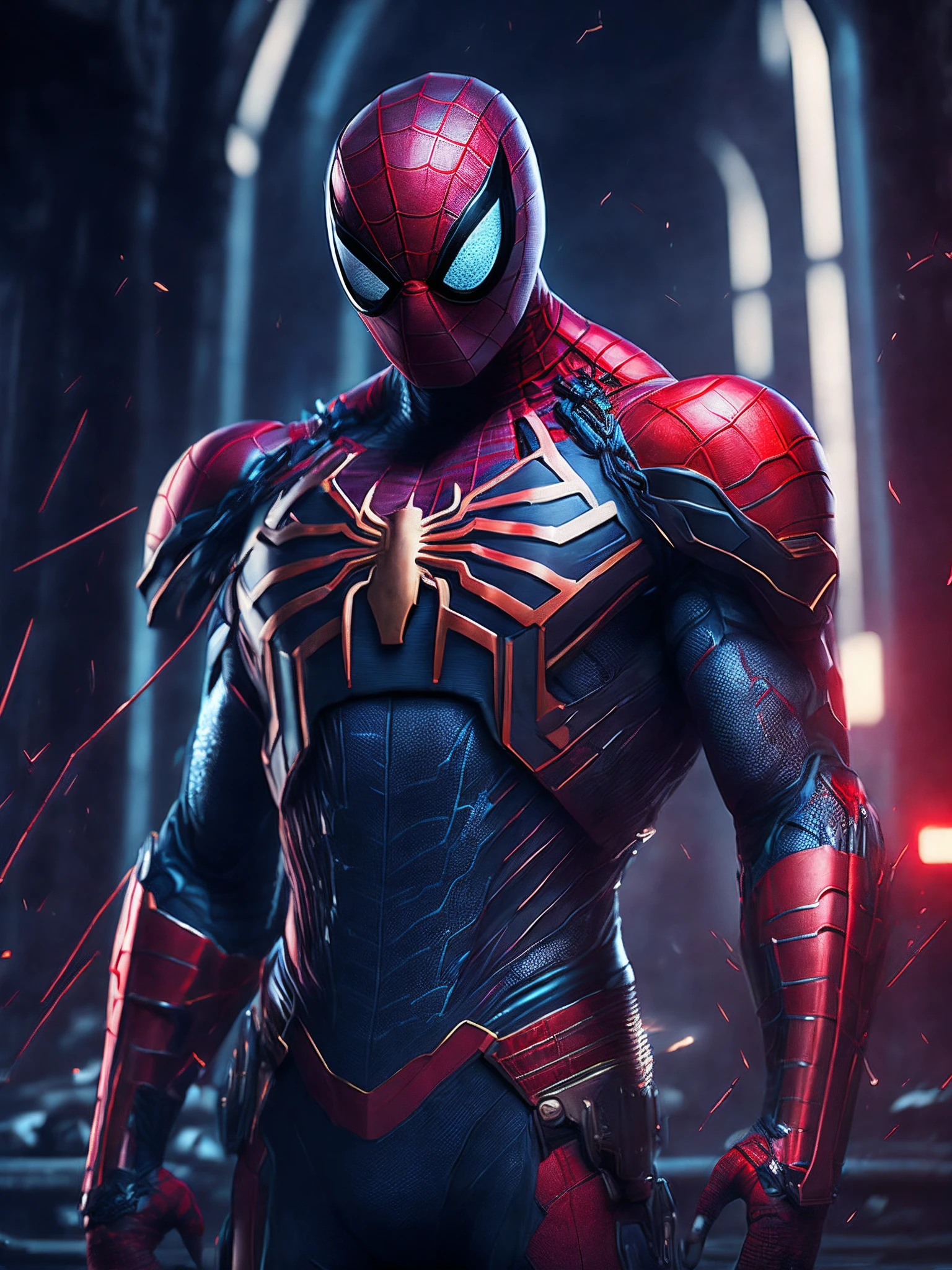 мрачный портрет Killer Spider-Man (The whole suit is covered in blood, Pieces of Suit Torn Clothes Sell) da Marvel, with intricate and angular cybernetic implants inside a brutalist building, Gothic brutalist cathedral, Cyberpunk, Foto premiada, Bokeh, neon lights, Membro 4K Cyber ,