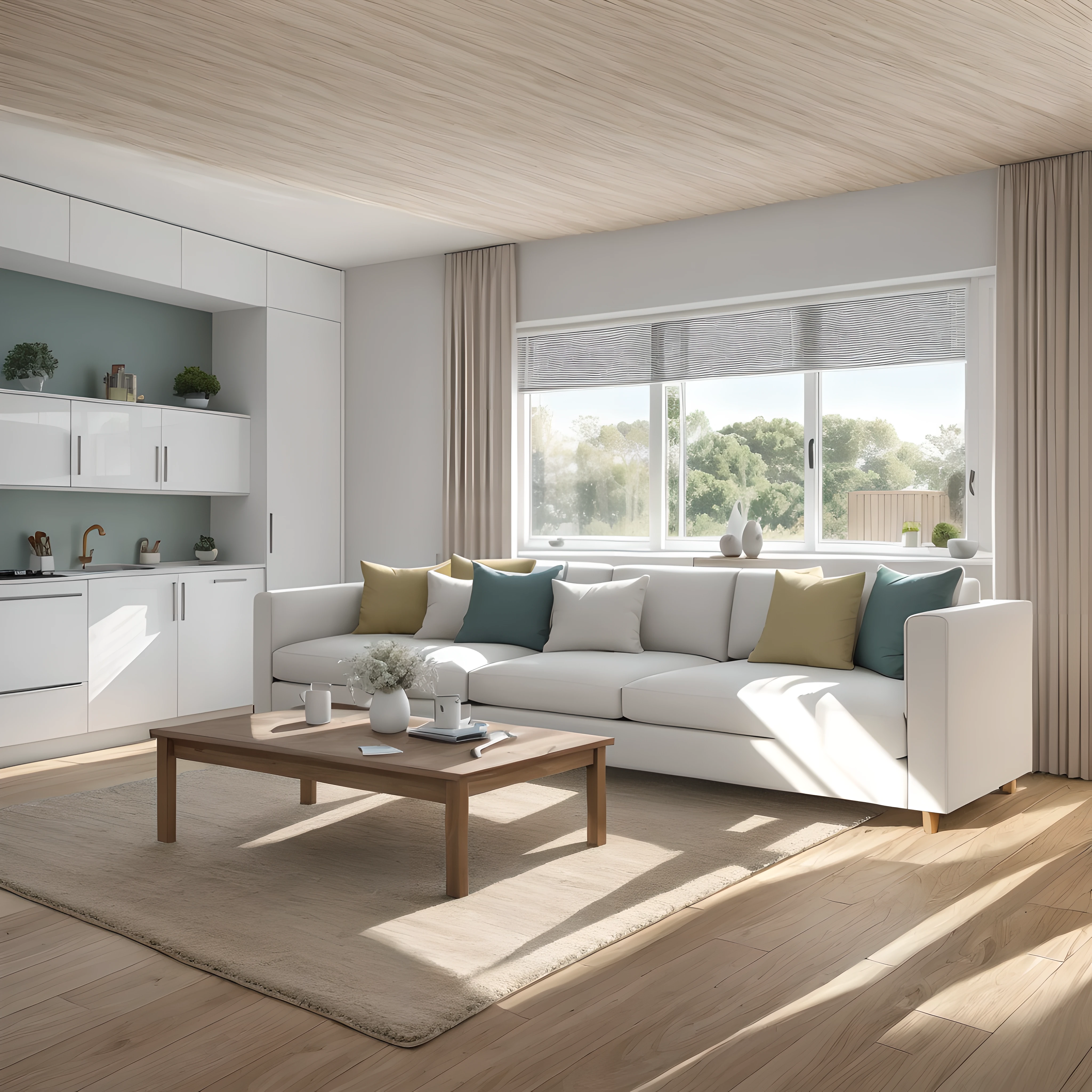 Beautiful modern living room,Cool white,(((foster and partners,artist impression,artistic impression,Hamish MacDonald,Carey Morris,David Brewster,Higher detail illustration,Helen Berman,illustratio,A detailed illustration,Nick Fudge,Warren Mahi,artist impression))),Kitchen cabinet behind white sofa,There are few pictures on the wall, Linen curtains next to classroom windows,coffee table,carpets,ceiling with magnetic emissive lighting,White fabric PRB texture,wooden floor PRB texture,