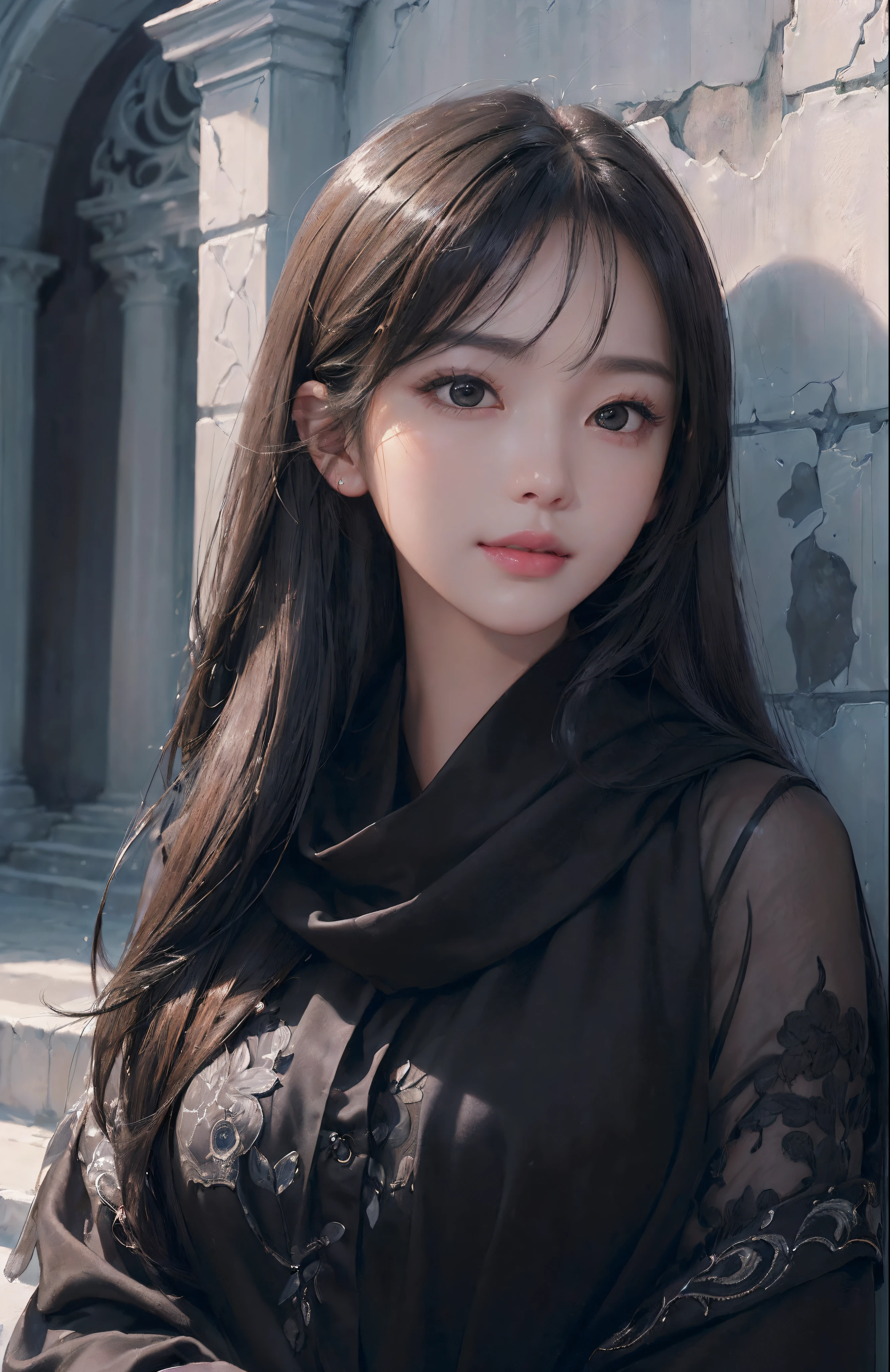 (A hyper-realistic)、(illustratio)、(hight resolution)、(8K)、(ighly detailed)、(Best Illustration)、(beautifully detailed eyes)、(top-quality)、(ultra-detailliert)、(masterpiece)、(wall-paper)、(A detailed face)、独奏、1 girl in、looking at viewert、fine detailed、A detailed face、in the darkness nigth、deep-shadows、lowkey、pureerosfaceace_v1、A smile、long、(The upper part of the body:1.4)、Shawl Straight Hair、46-point diagonal bangs、(Black eyes:1.4)、Dynamic lighting, 电影灯光, Professional Shadows, (Glossy lips:1.4)