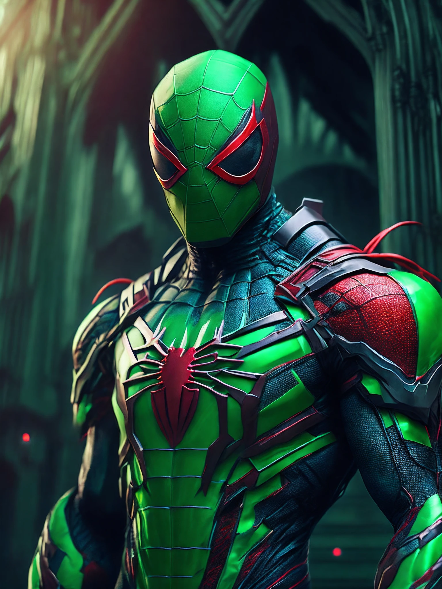 мрачный портрет Killer Spider-Man (The whole suit is covered in blood, Suit Pieces Torn Green Clothes) da Marvel, with intricate and angular cybernetic implants inside a brutalist building, Gothic brutalist cathedral, Cyberpunk, Foto premiada, Bokeh, neon lights, Membro 4K Cyber ,