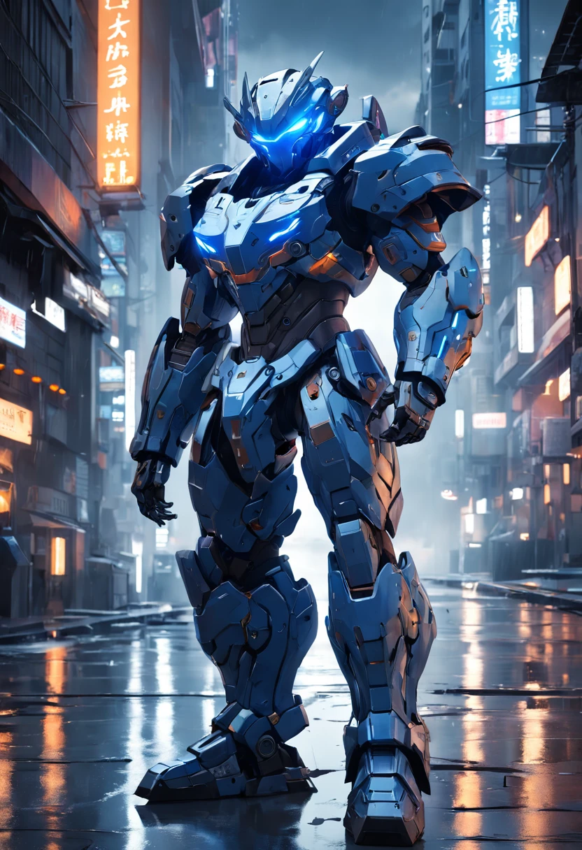 (Masterpiece, best quality), intricate detail, photo, realistic, Unreal Engine, Gray Chrome and blue Chrome Mech, helmet, armor, Robot, New, Cyberpunk warehouse, Computer terminal, Arc Electric, sp3ct4, Dark atmosphere, Light, Mountaintop, city, Thunder and lightning