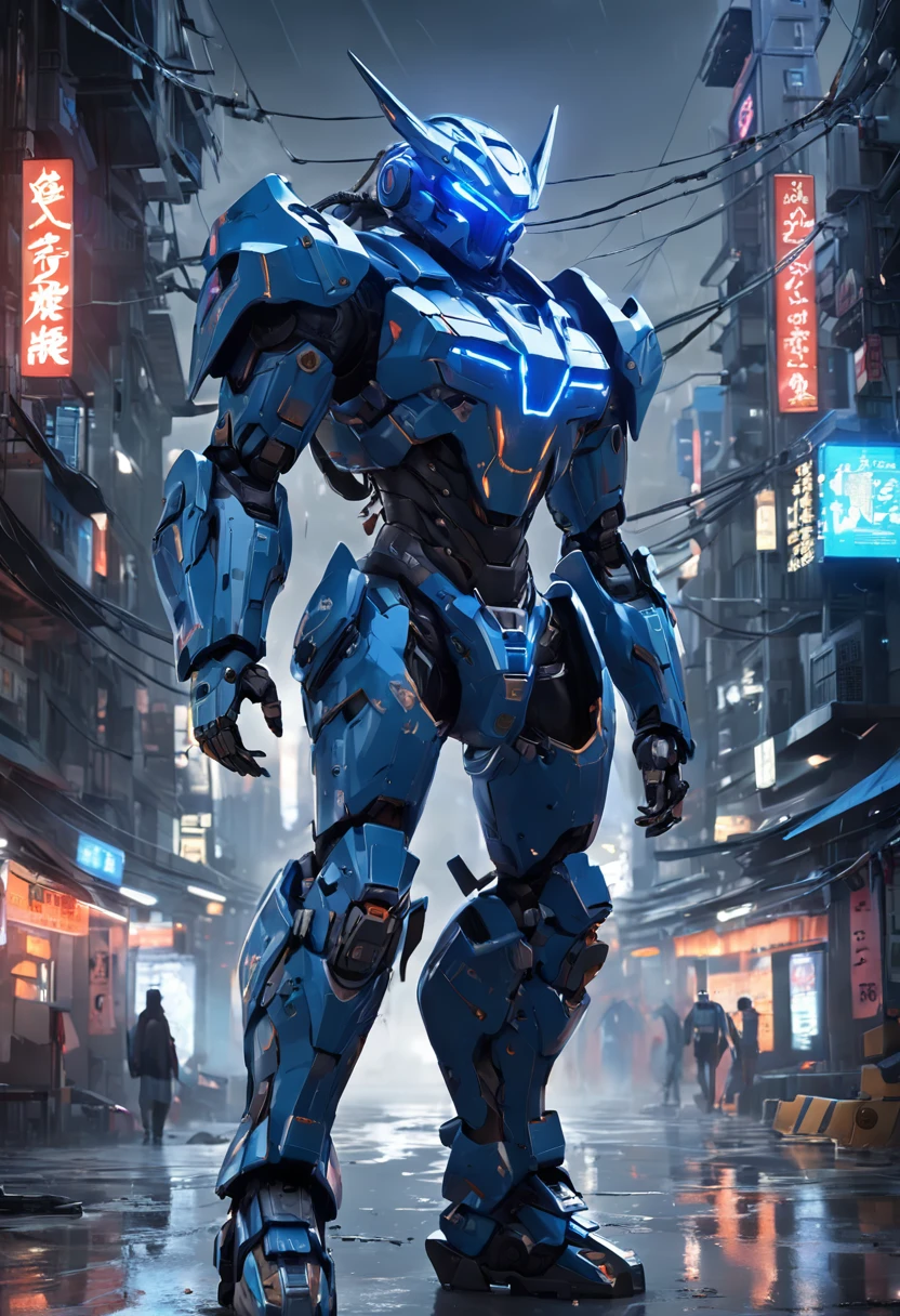 (Masterpiece, best quality), intricate detail, photo, realistic, Unreal Engine, Gray Chrome and blue Chrome Mech, helmet, armor, Robot, New, Cyberpunk warehouse, Computer terminal, Arc Electric, sp3ct4, Dark atmosphere, Light, Mountaintop, city, Thunder and lightning