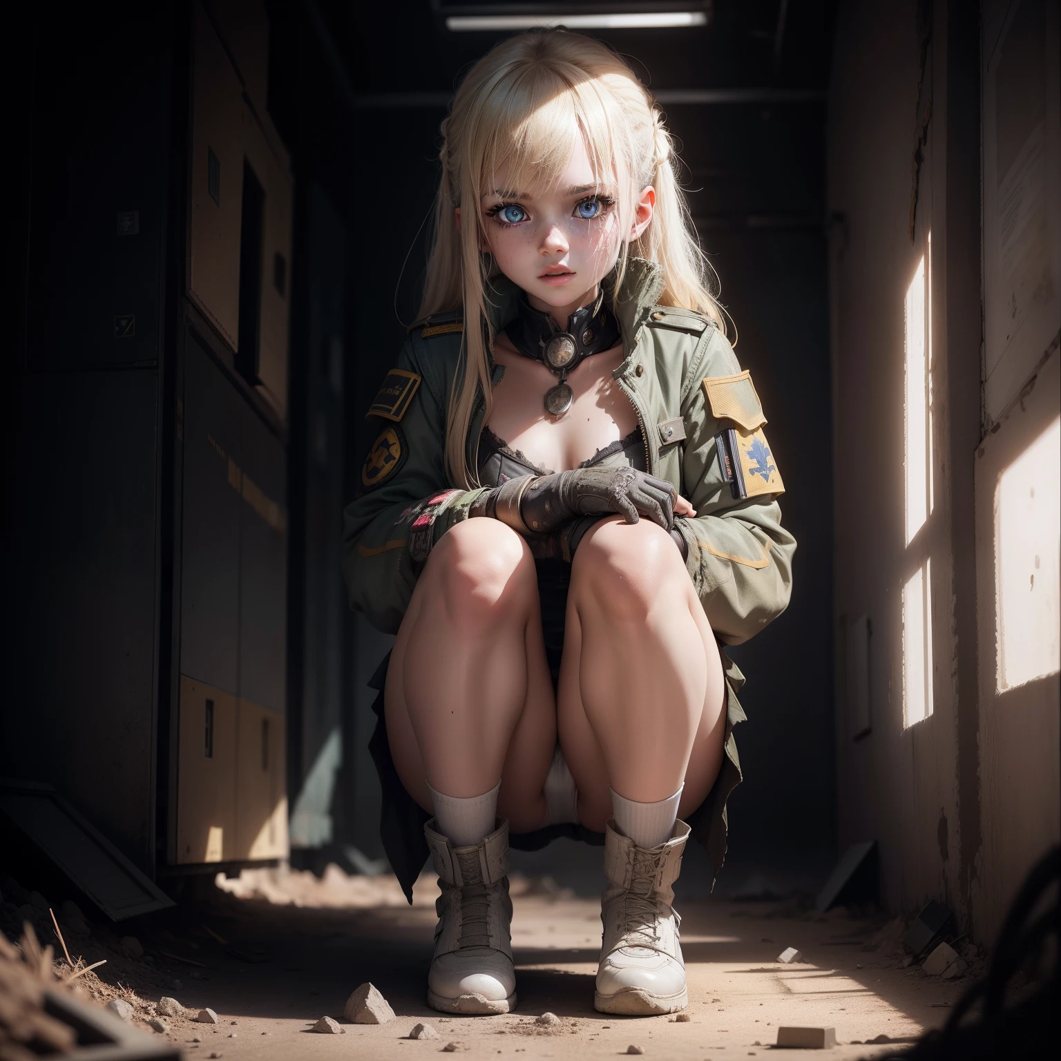 ukrainian girl , Ukrainian anime girls , , Ukraine ,  Full body composition of young girl with messy bright blonde hair, crouching down,eye make up, 13 year old,  Soft lighting, Solo, Old torn dirty shabby futuristic military uniform, badges, Pose, Blotch color, Octane Render, Hyperrealistic intricate detail, Cinematic, 8K resolution, 70mm, Accent Lighting, Global Illumination, Full body portrait, clean detailed faces, intricate clothing, Cute face, flat ?????, Slim waist, Slim legs, small ????,Show white cloth ?????????,