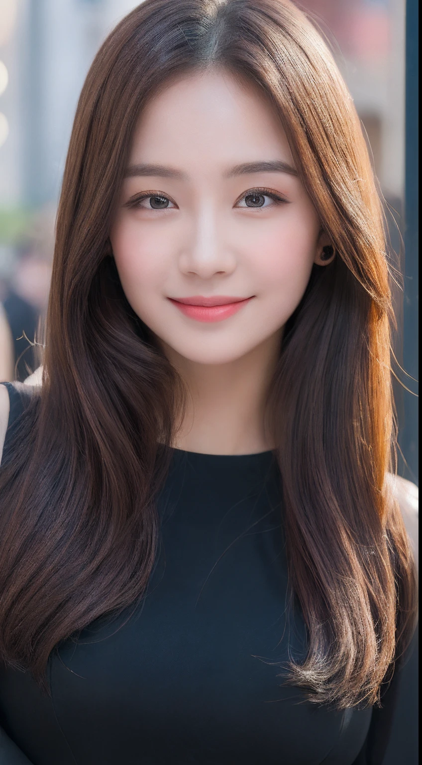 ((Best quality, 8k, Masterpiece :1.3)), 1girl, smiling, full body, slim face, Pretty woman, (Dark brown hair), full length dress :1.1, Ultra-detailed face, Detailed eyes, Double eyelid, blur background, slim face, city, outside, street,