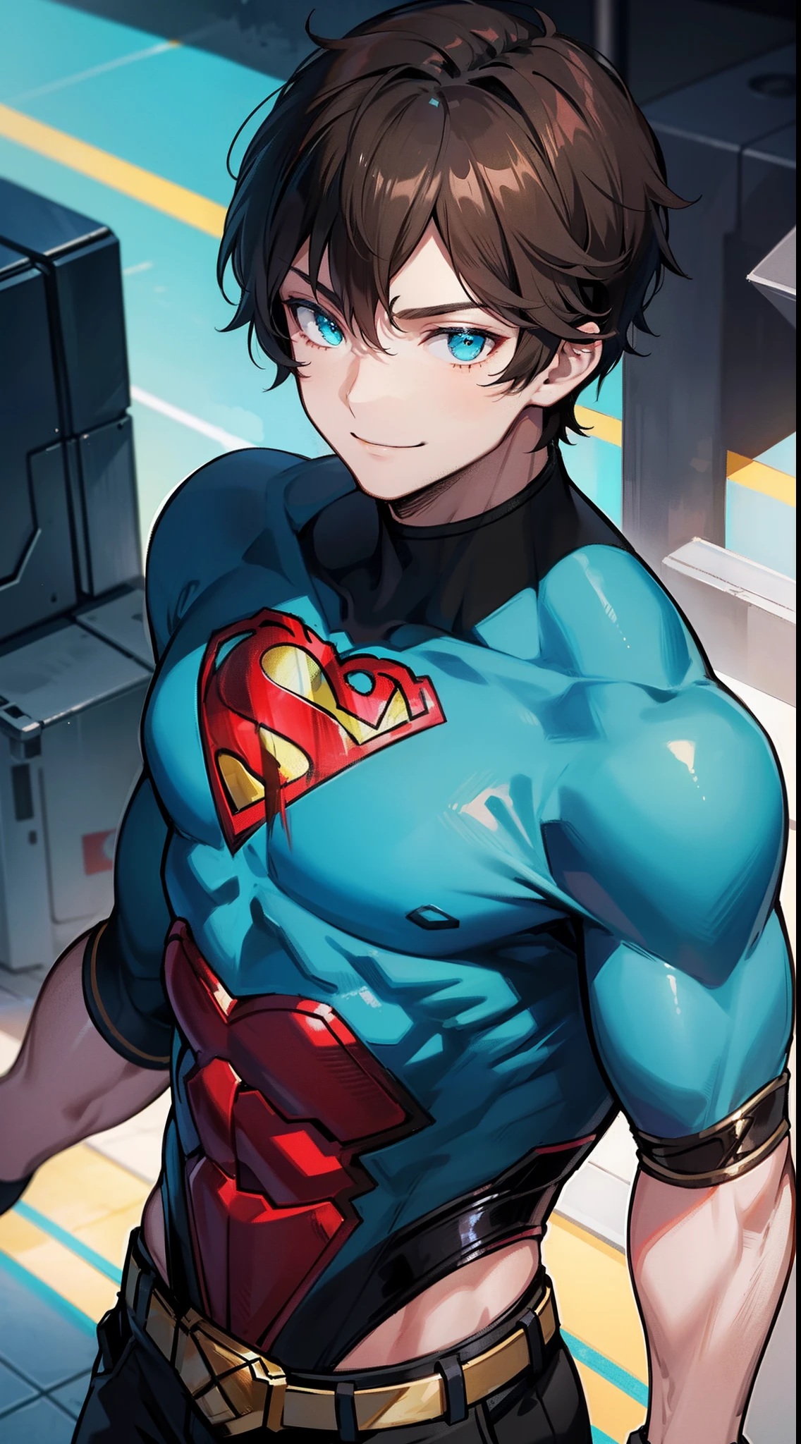 Young guy, short brown hair, Cyan eyes, brawn, Black Superman Costume, ssmile, Masterpiece, hiquality
