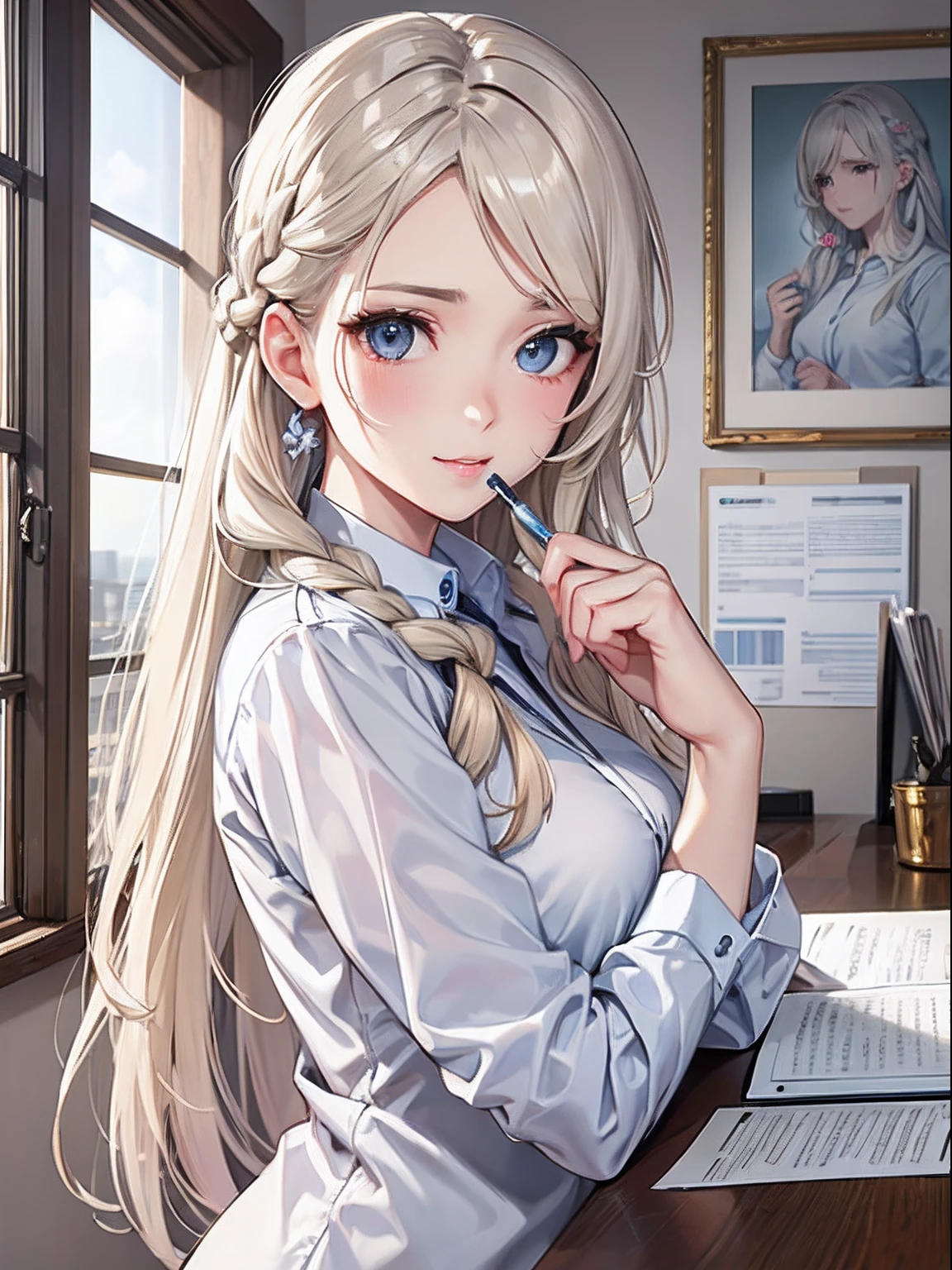 ​masterpiece、top-quality、hight resolution、High-quality images、8K、１maidennurse、detaileds、the detail、Detailed eye depiction、skin gloss、shinny hair、platinum-blonde、Long braided hair、Soft hair、anastasia、portlate、Workwear、measurement、a notepad