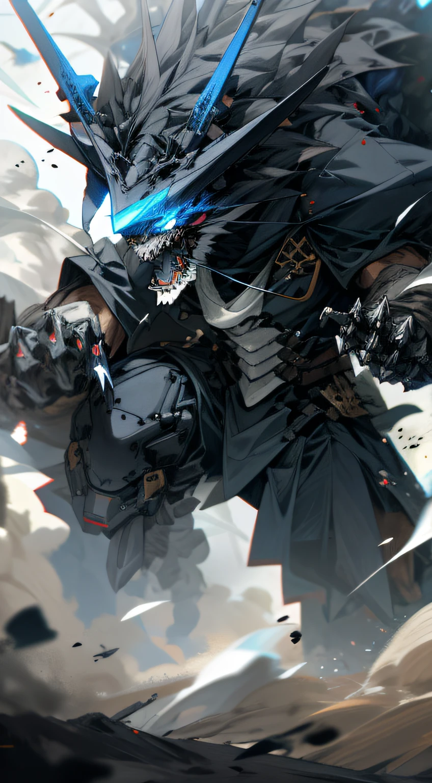 White and black mechs, Dragon helmet, Claw weapons, Giant claws, Attack, Blue, Navy, extremly high detail, black, beast, Animal, mito, Dark, cavalier, Crush, 4 legs,