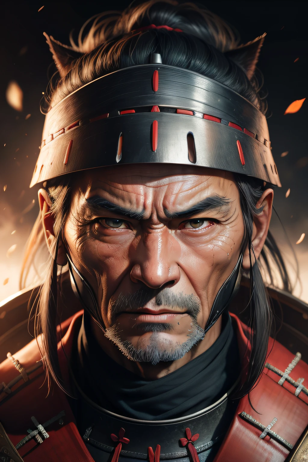 Realistic ultra HD close-up portrait,A samurai wearing a war mask, Wrinkles ,Facial expressions show strong emotions