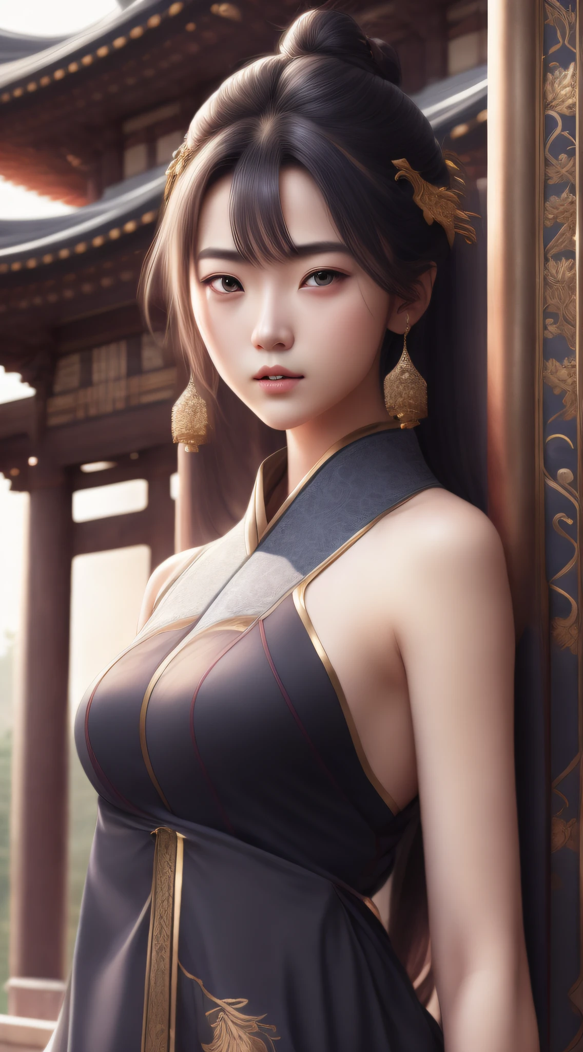 Best quality,masterpiece,ultra high res,(photorealistic:1.4),xiuxian,weapon,Detailed face, 1girl,solo,weapon,cleavage,(magic circle:1.2),xiuxian,upper body,Beautiful girl,full body,huge breasts,east asian architecture,sheath,architecture,