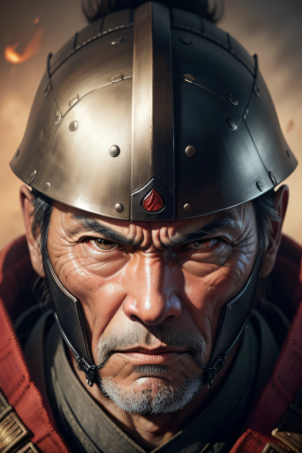 Realistic ultra HD close-up portrait,A samurai wearing a war mask, Wrinkles ,Facial expressions show strong emotions