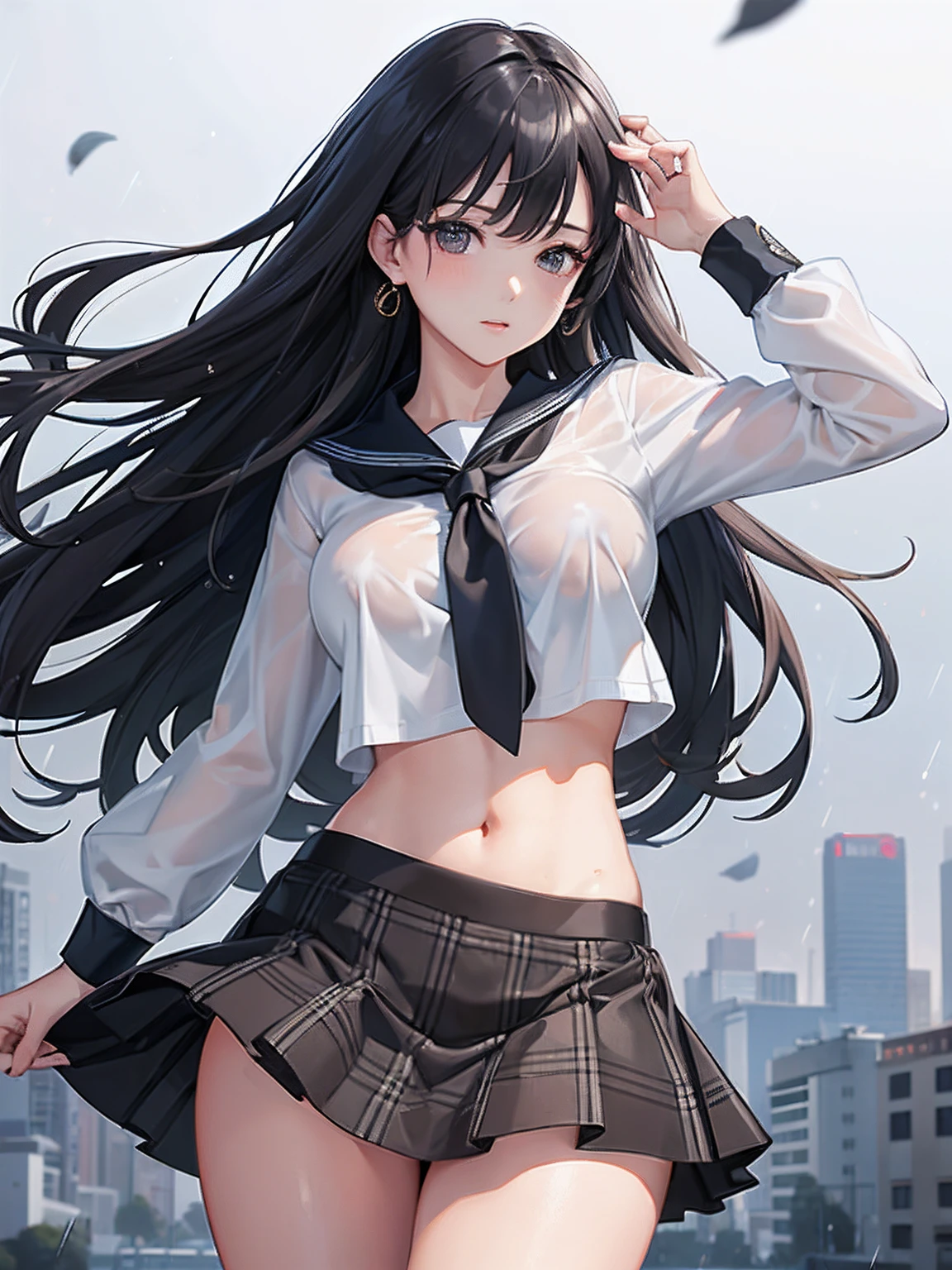 ​masterpiece、top-quality、hight resolution、High-quality images、8K、1womanl、detaileds、Detailed eye depiction、the detail、skin gloss、Lustrous black hair、Long hair、Lisa、portlate、large full breasts、large hips、waist constriction、Worn school uniform、Plaid gray mini skirt、White underwear、Pose with buttocks sticking out、It's raining a little、After school、posterior view