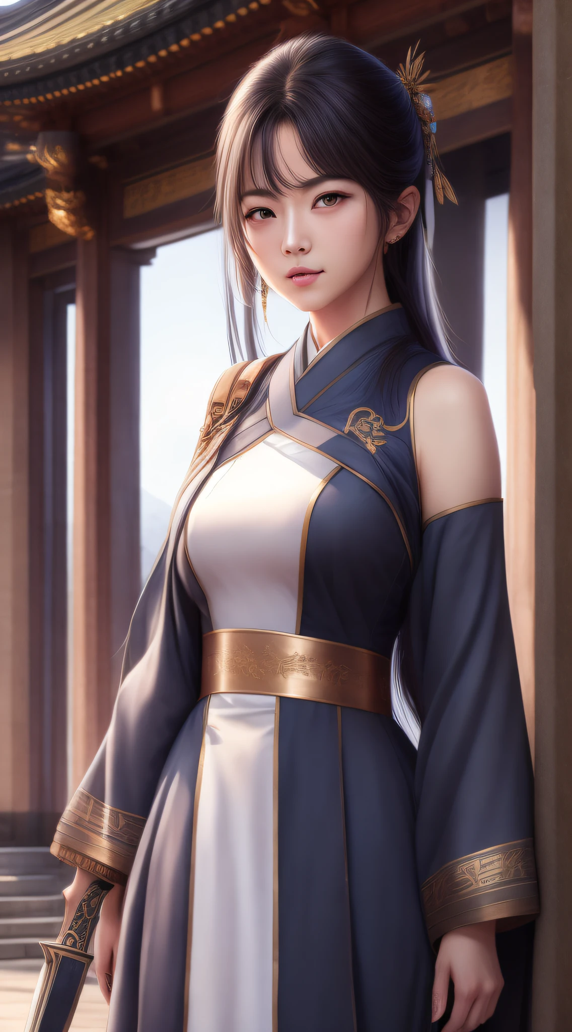 Best quality,masterpiece,ultra high res,(photorealistic:1.4),anime girl,shoulder,charming,Looking at the camera,xiuxian,weapon,east asian architecture,sheath,architecture,