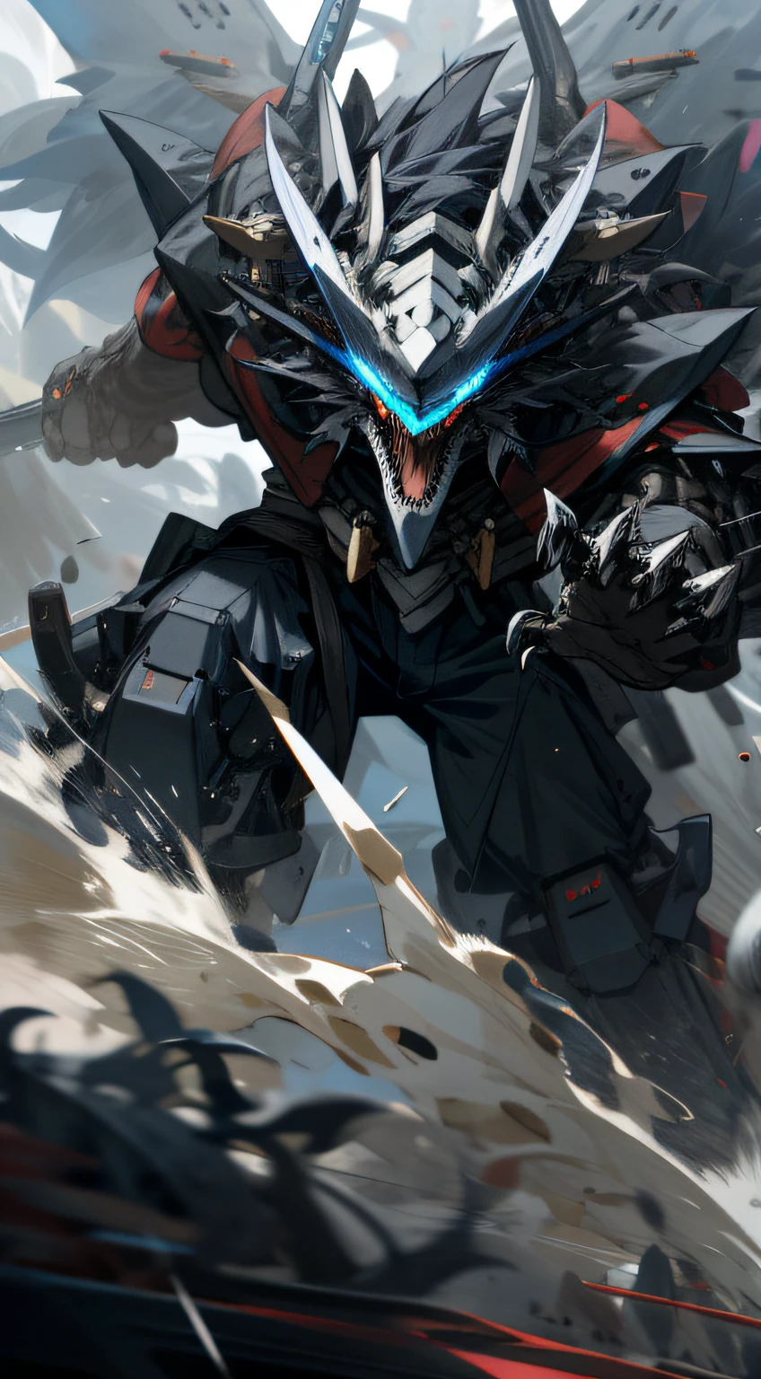White and black mechs, Dragon helmet, Claw weapons, Giant claws, Attack, Blue, Navy, extremly high detail, black, beast, Animal, mito, Dark, cavalier, Crush, 4 legs,
