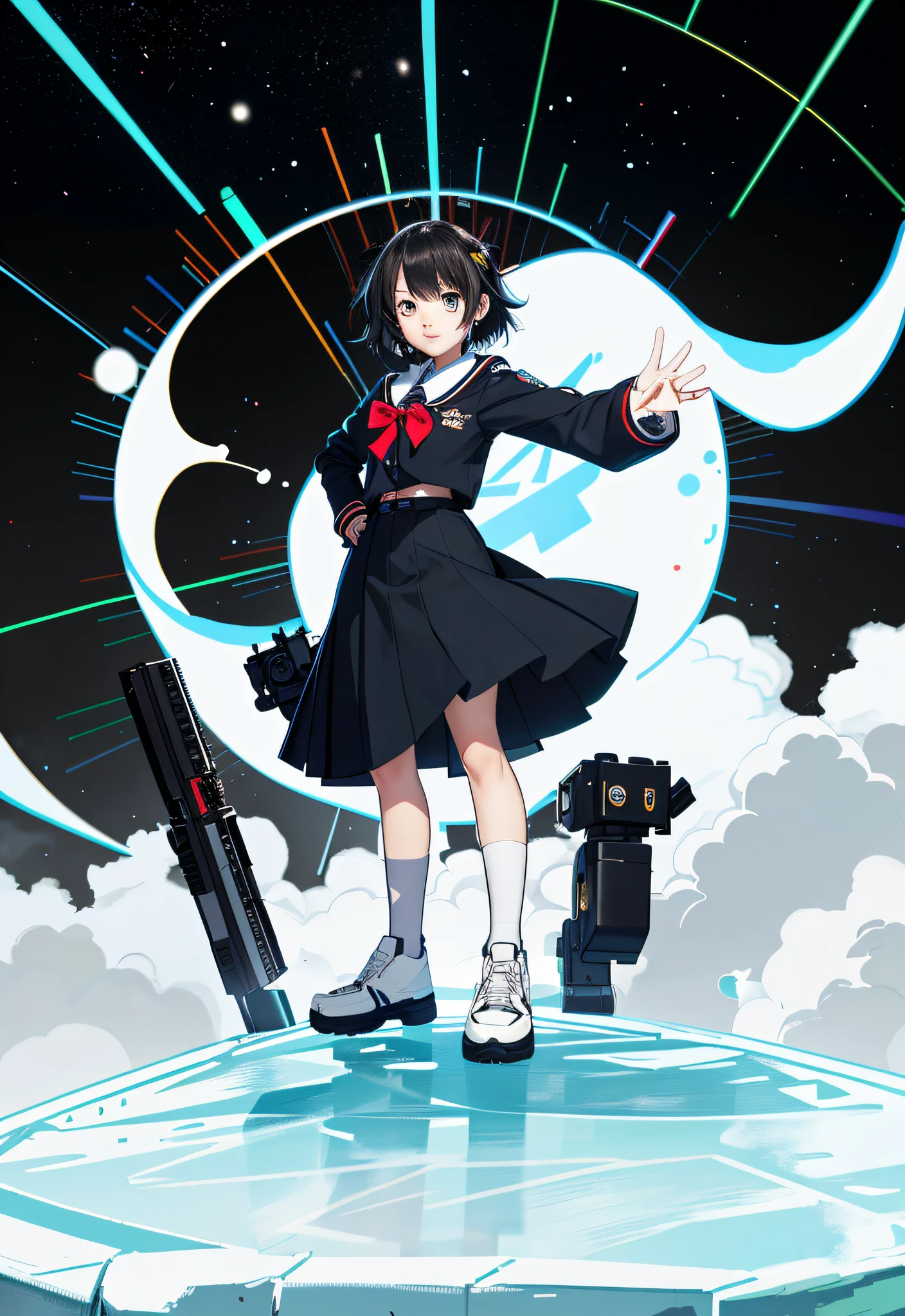 Anime girl in school uniform standing on platform with gun, Kantai collection style, Best anime 4k konachan wallpaper, anime moe art style, style of anime4 K, Kill Pull Kill illustration, 《Ghost Wind Special Assault Team》The art of pixels, Official artwork, Female protagonist 👀 :8, offcial art, Badass anime 8 K, portrait anime space cadet girl