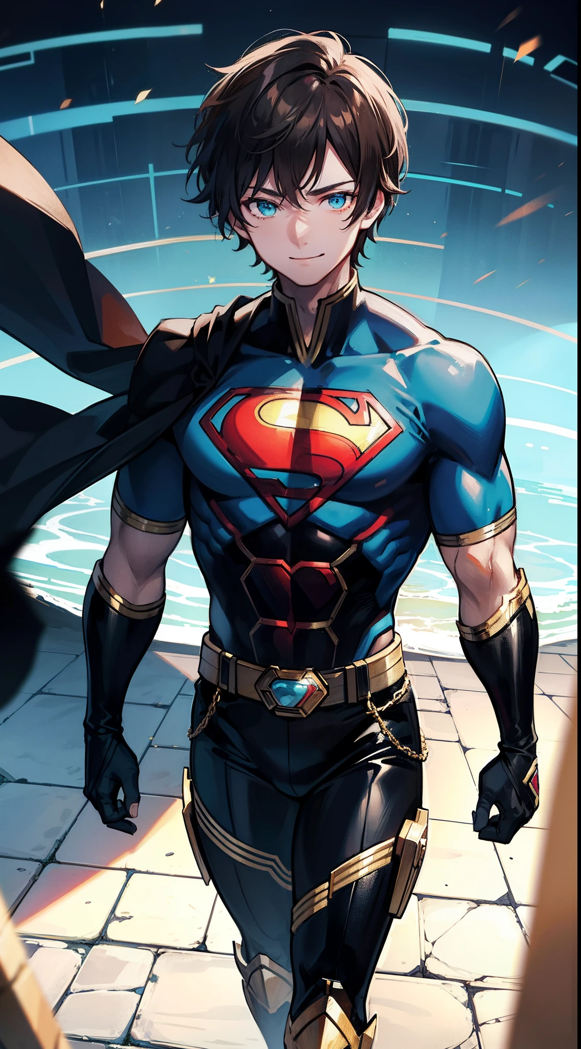Young guy, short brown hair, Cyan eyes, brawn, Black Superman Costume, ssmile, Masterpiece, hiquality