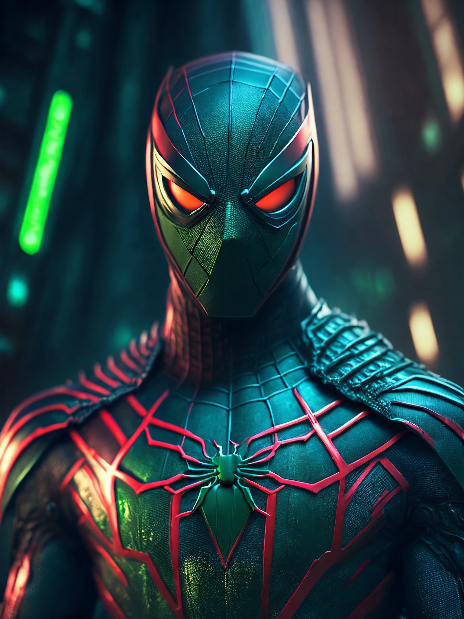 мрачный портрет Killer Spider-Man (The whole suit is covered in blood, Pieces of suit torn green clothes) da Marvel, with intricate and angular cybernetic implants inside a brutalist building, Gothic brutalist cathedral, Cyberpunk, Foto premiada, Bokeh, neon lights, Membro 4K Cyber ,