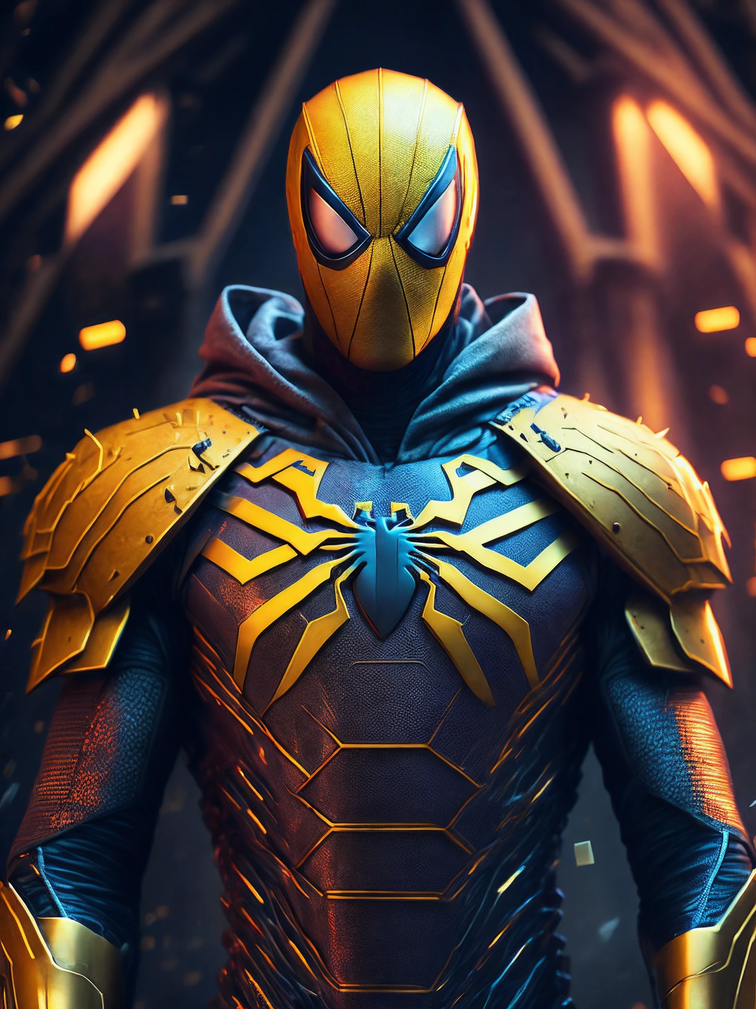 мрачный портрет Killer Spider-Man (The whole suit is covered in blood, Pieces of suit torn yellow clothes) da Marvel, with intricate and angular cybernetic implants inside a brutalist building, Gothic brutalist cathedral, Cyberpunk, Foto premiada, Bokeh, neon lights, Membro 4K Cyber ,
