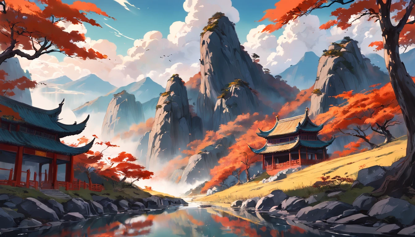 Chinese Landscape Ink Painting Low Angle Perspective OC Rendered Sculpture, trees and hills, morning vibes with sun, 4K