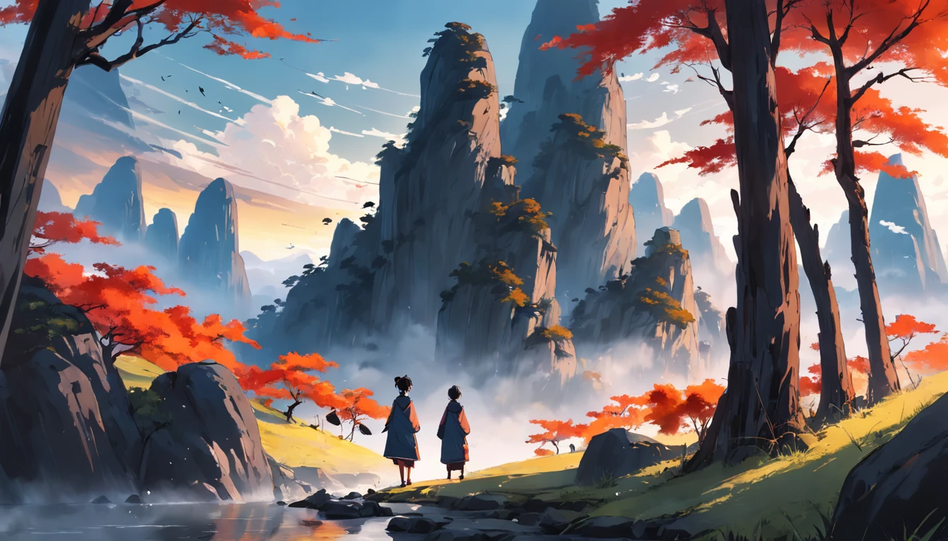 Chinese Landscape Ink Painting Low Angle Perspective OC Rendered Sculpture, trees and hills, morning vibes with sun, 4K