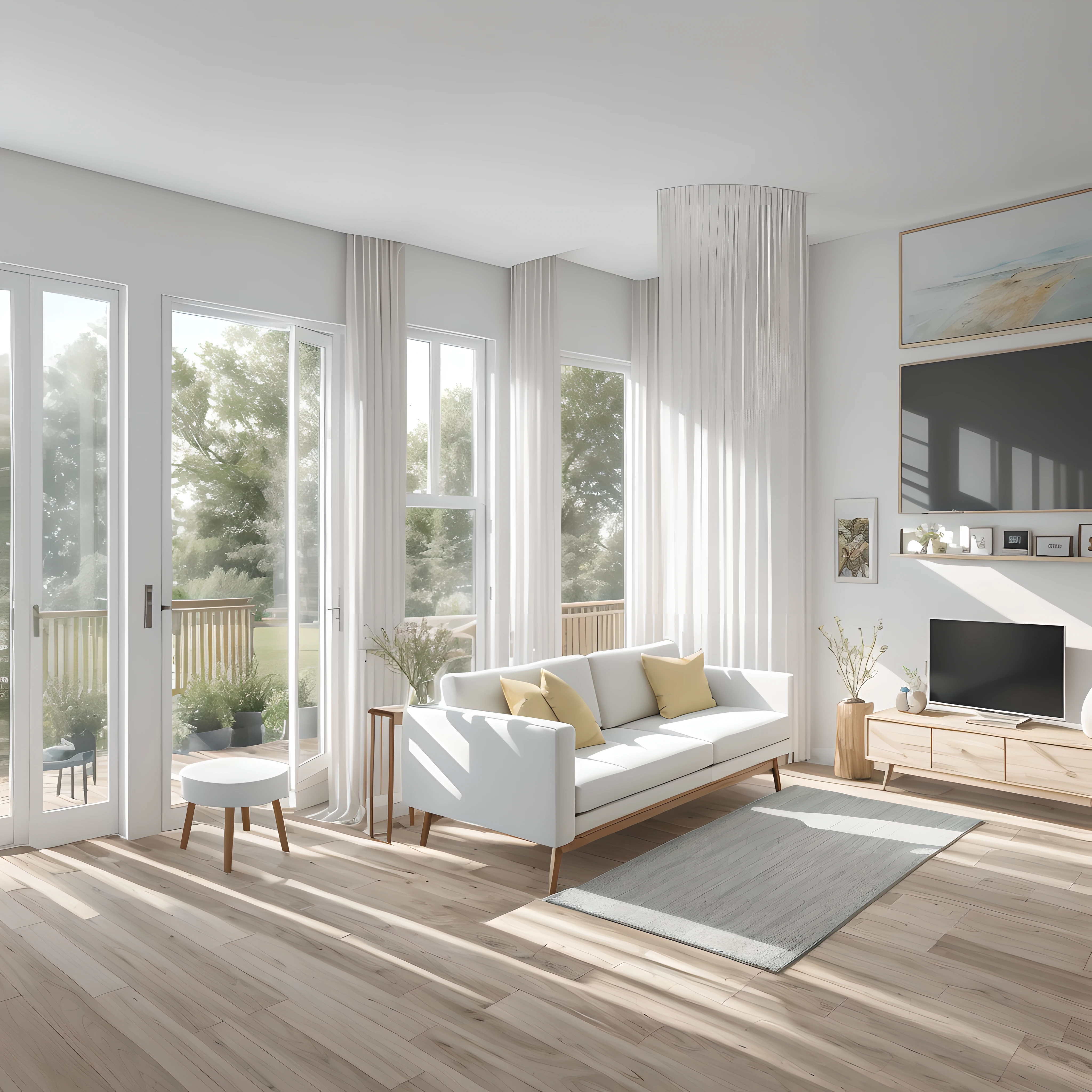 Beautiful modern living room,Cool white,(((foster and partners,artist impression,artistic impression,Hamish MacDonald,Carey Morris,David Brewster,Higher detail illustration,Helen Berman,illustratio,A detailed illustration,Nick Fudge,Warren Mahi,artist impression))),Kitchen cabinet behind white sofa,There are few pictures on the wall, Linen curtains next to classroom windows,coffee table,carpets,ceiling with magnetic emissive lighting,White fabric PRB texture,wooden floor PRB texture,