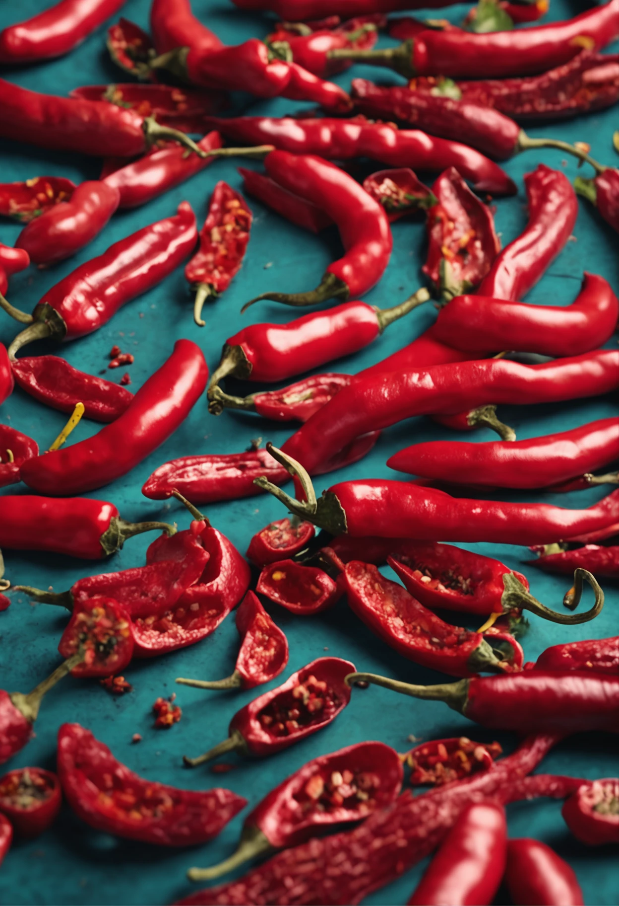 HD 4K,Table covered with chili peppers,There is a sausage-shaped clearing in the middle of the pepper