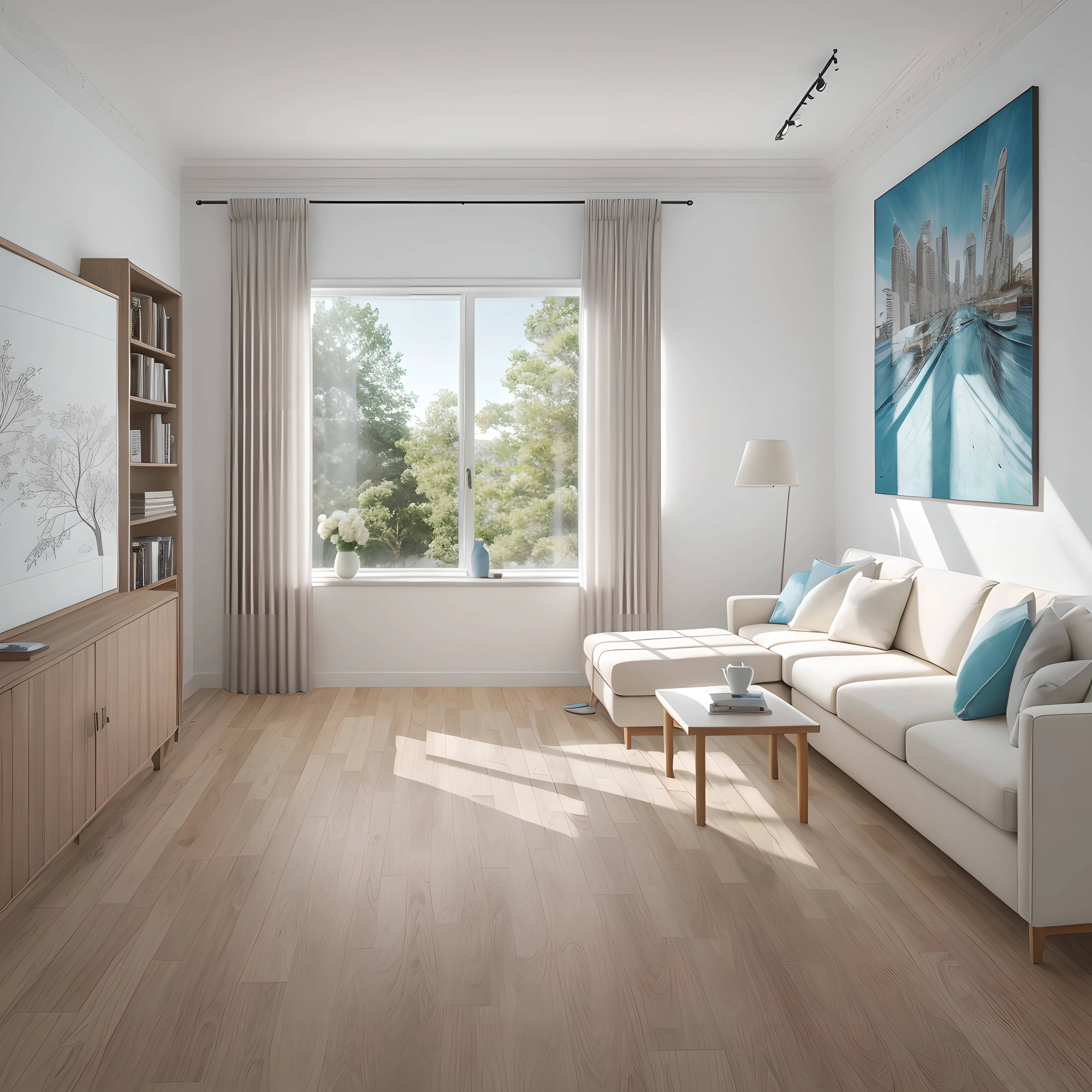 Beautiful modern living room,Cool white,(((foster and partners,artist impression,artistic impression,Hamish MacDonald,Carey Morris,David Brewster,Higher detail illustration,Helen Berman,illustratio,A detailed illustration,Nick Fudge,Warren Mahi,artist impression))),Kitchen cabinet behind white sofa,There are few pictures on the wall, Linen curtains next to classroom windows,coffee table,carpets,ceiling with magnetic emissive lighting,White fabric PRB texture,wooden floor PRB texture,
