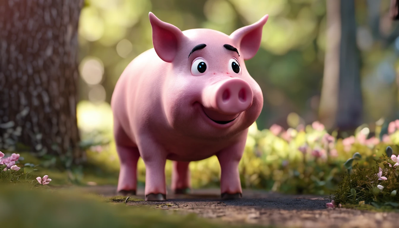 Little furry pink pig 3D Disney style in shady forest and full of advanced technical details and 8K resolution reveal every detail. Under natural light, bokeh highlighting, cheerful look. Realistic texture, detailed environment. A masterpiece of vibrant colors and unparalleled quality. With the exceptional resolution of 8K UHD, every detail is vivid. The technical mastery of C4D and Blender creates