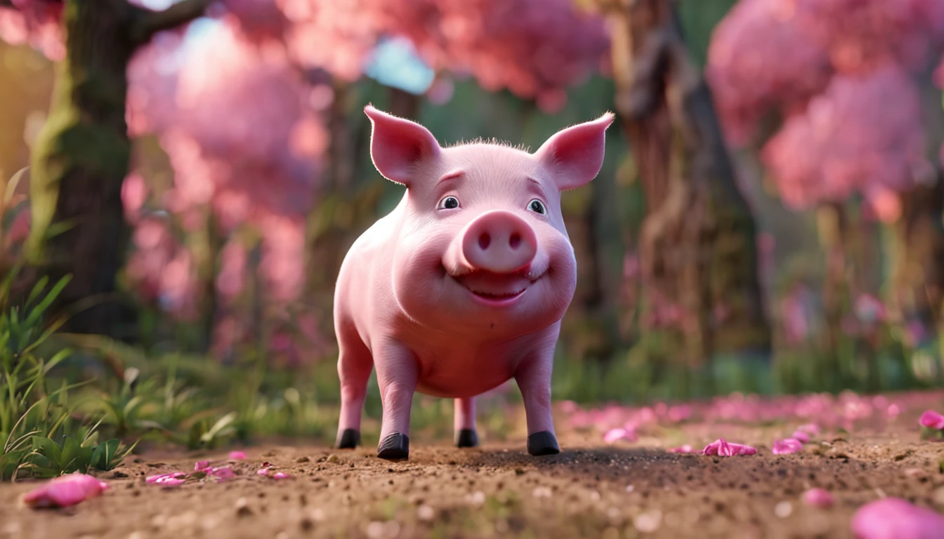 Little furry pink pig 3D Disney style in shady forest and full of advanced technical details and 8K resolution reveal every detail. Under natural light, bokeh highlighting, cheerful look. Realistic texture, detailed environment. A masterpiece of vibrant colors and unparalleled quality. With the exceptional resolution of 8K UHD, every detail is vivid. The technical mastery of C4D and Blender creates
