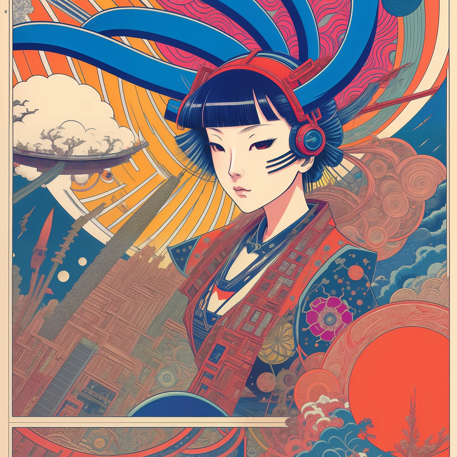 ukiyoe style, multi dimension universe, psychedelic hallucination, cyber punk, magazine cover