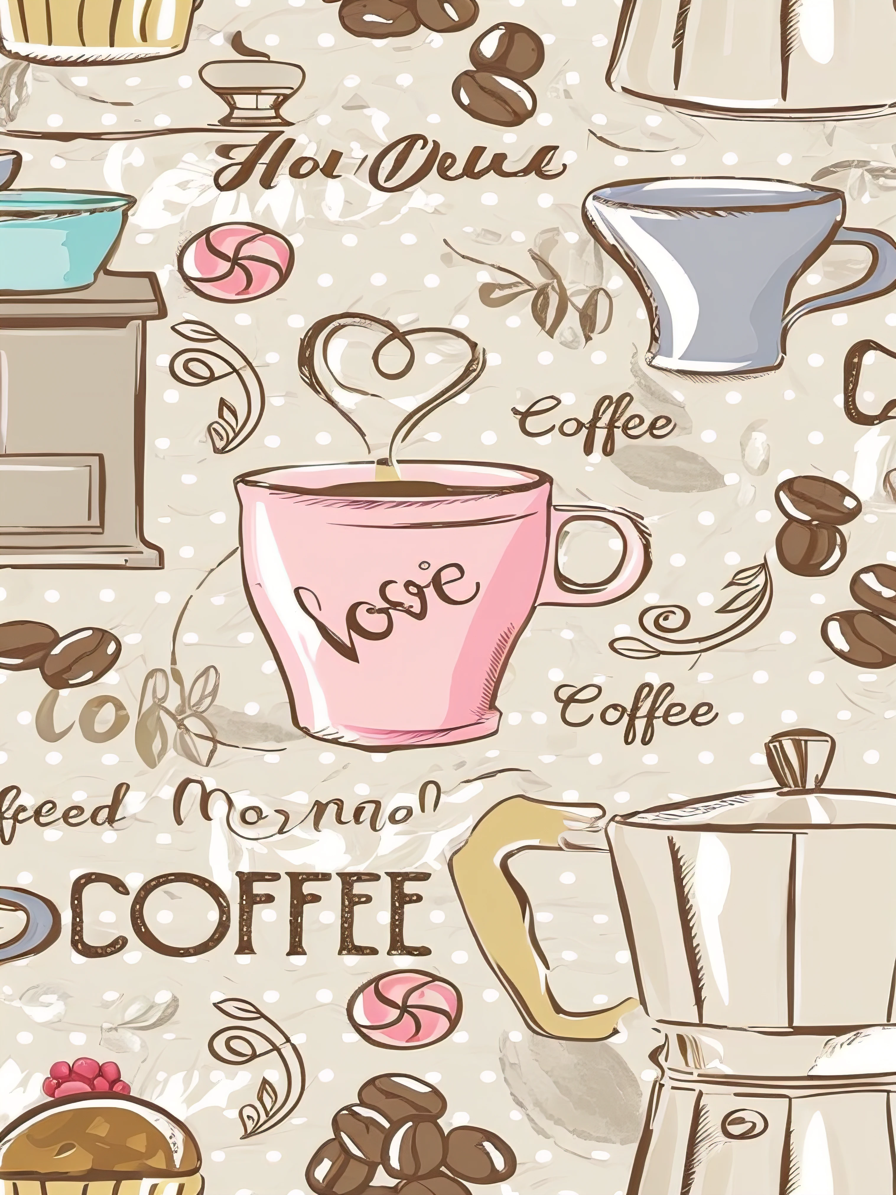 Seamless pattern with coffee and coffee beans, morning coffee,