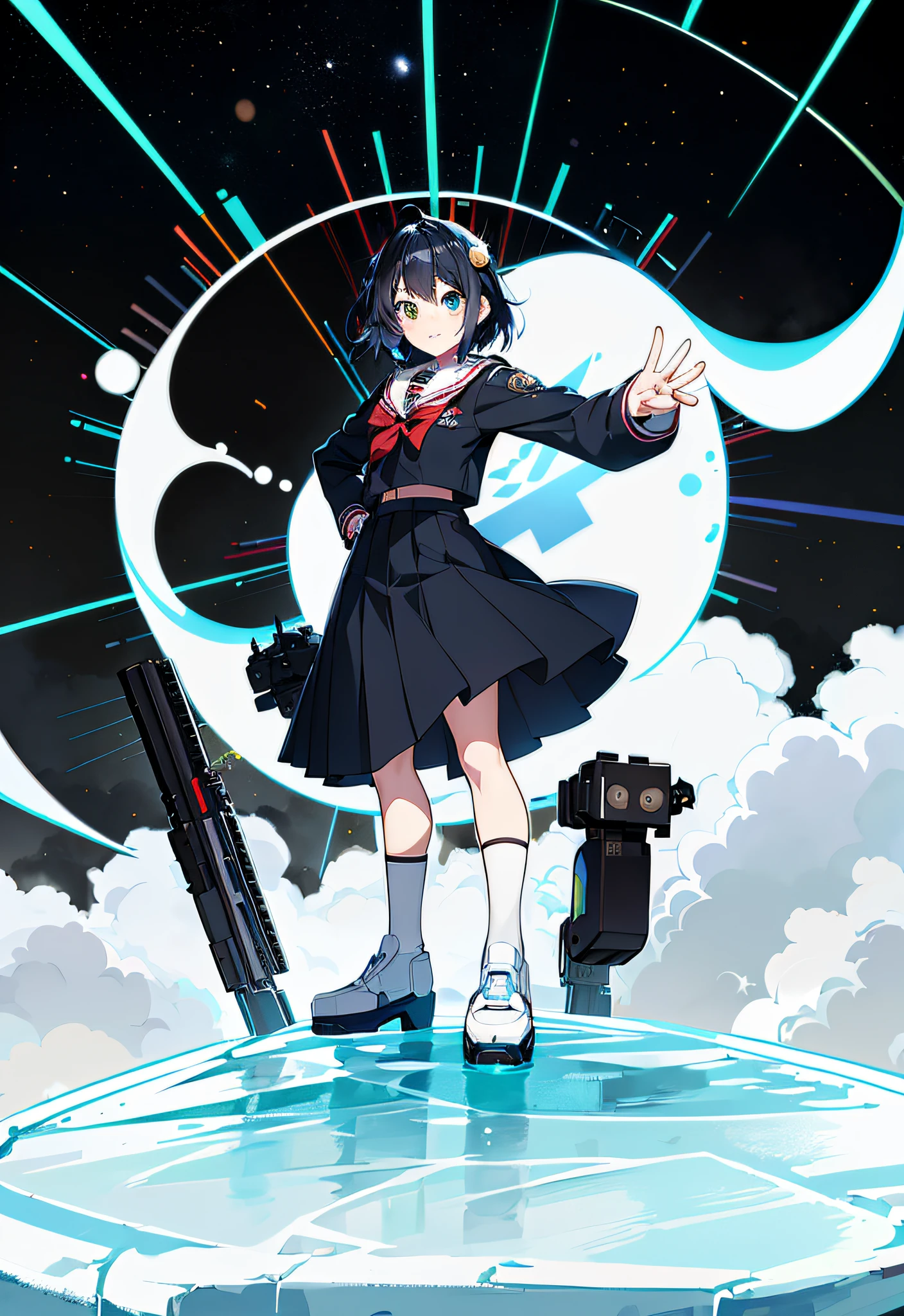 Anime girl in school uniform standing on platform with gun, Kantai collection style, Best anime 4k konachan wallpaper, anime moe art style, style of anime4 K, Kill Pull Kill illustration, 《Ghost Wind Special Assault Team》The art of pixels, Official artwork, Female protagonist 👀 :8, offcial art, Badass anime 8 K, portrait anime space cadet girl