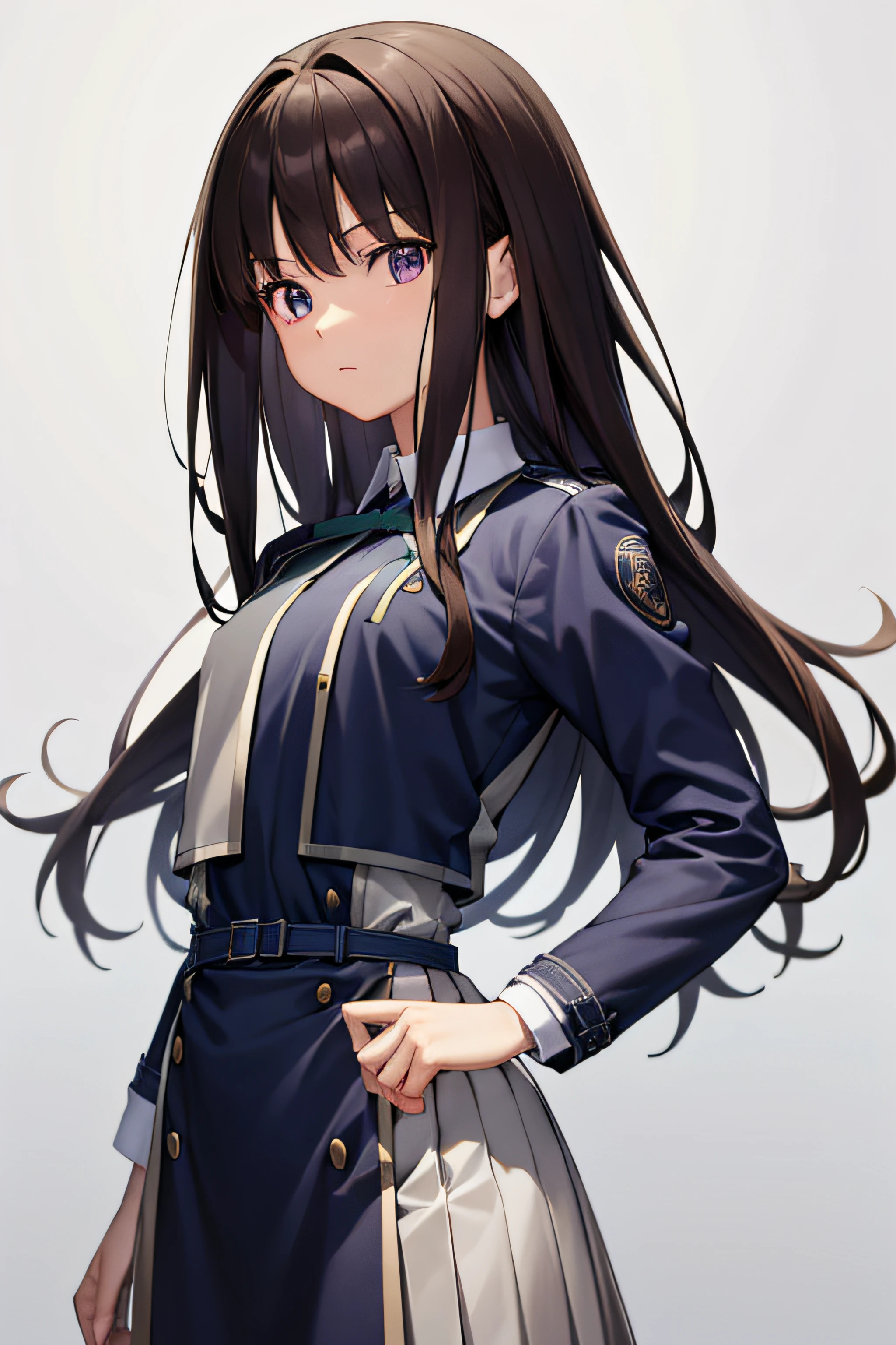 Takiinoue, Takina Inoue, The long-haired, bangss, A dark-haired, (Purple Eye:1.2), BREAK  shirt, long-sleeve, Onepiece, bow ribbon, student clothes, White shirt, shirt with collar, a belt, Neck ribbon, Blue Dress, Green Ribbon, pleated dress, Gradeless, two-tone dress, blue obi, Licorice Uniform, Outdoor break, sity, BREAK (​masterpiece:1.2), Top image quality, hight resolution, Unity 8k壁纸, (illustratio:0.8), (Beautiful detail eyes:1.6), extra detailed face、Perfect litthing、extremely details CG、(perfect hand、perfect anatomia)、Takina Inoue、Inoue,Takina,