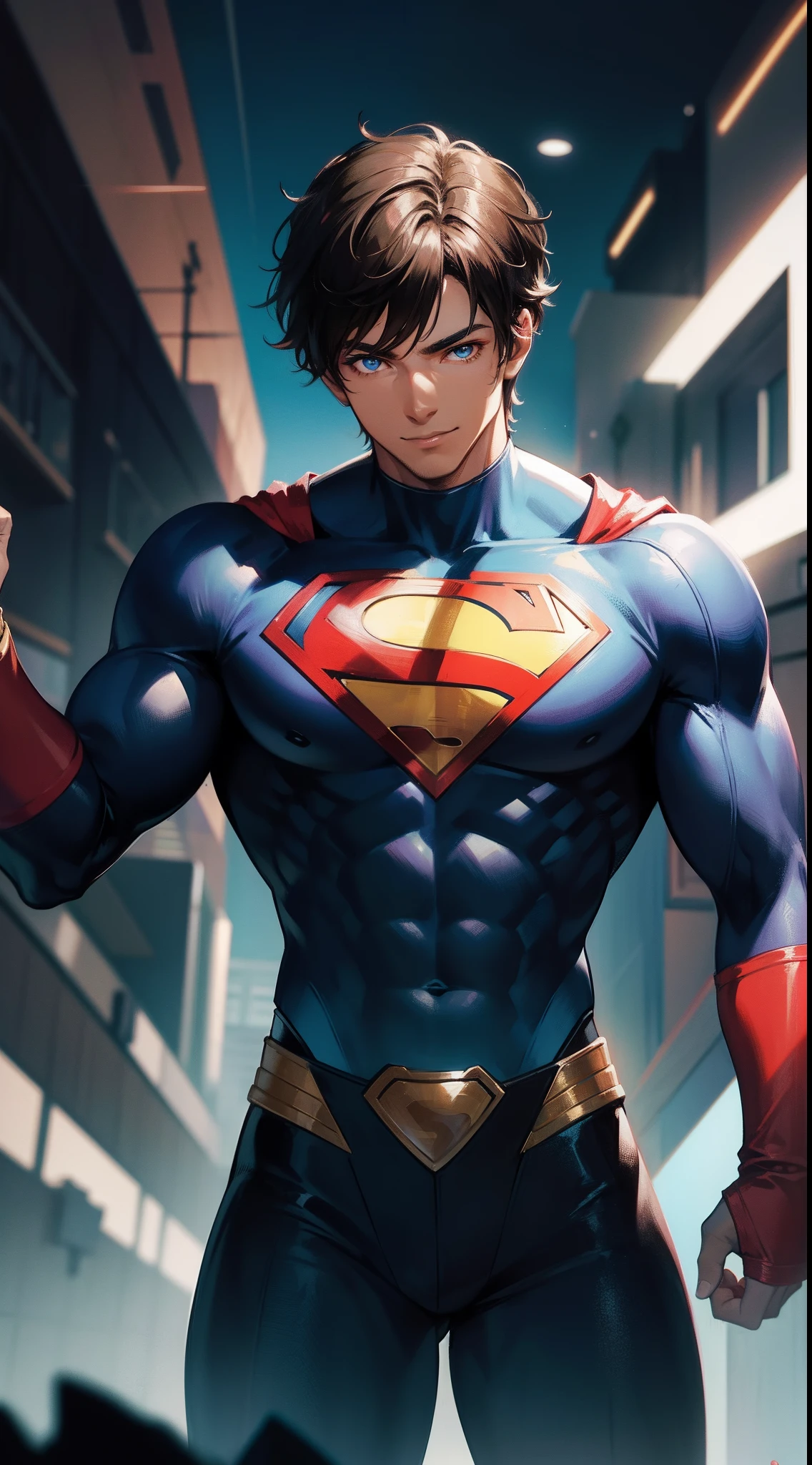 best quality,masterpiece,1boy,solo,(((13years old))),japanese boy,an extremely cute and handsome boy,highly detailed beautiful face and eyes,petit,cute face,lovely face,baby face,shy smile,show teeth, Black hair,Short hair,flat chest,skinny,slender,(((wearing a Superman costume,red cape))),(((standing in Dark Midnight Neon Glow light Cyberpunk metropolis city))),he is looking at the viewer,