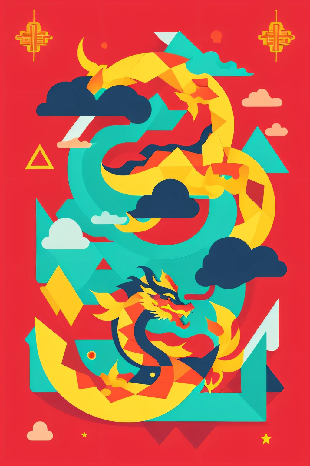 Flat illustration geometric shapes Chinese dragon Memphis